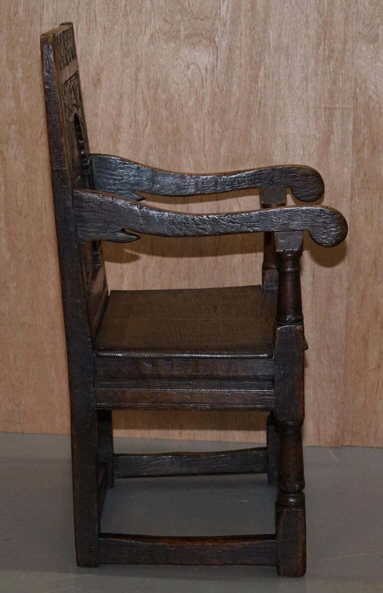 17th Century Charles I English Oak Wainscot Armchair Primate Design Hand Carved photo vintage