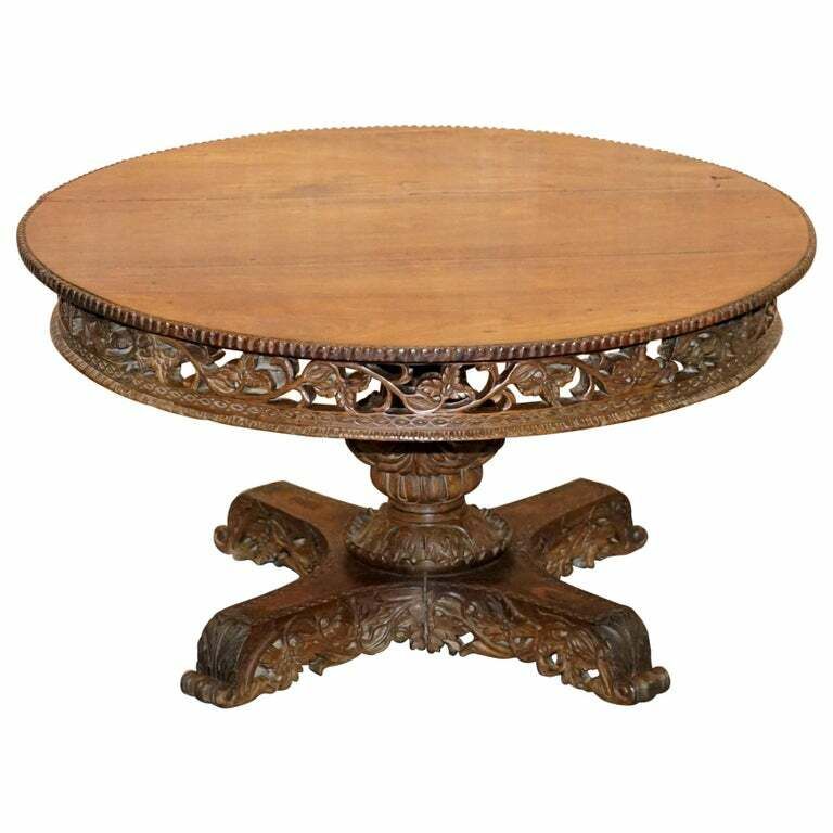 Rare Circa 1880 Anglo Indian Hand Carved Centre Coffee Occasional Table Burmese