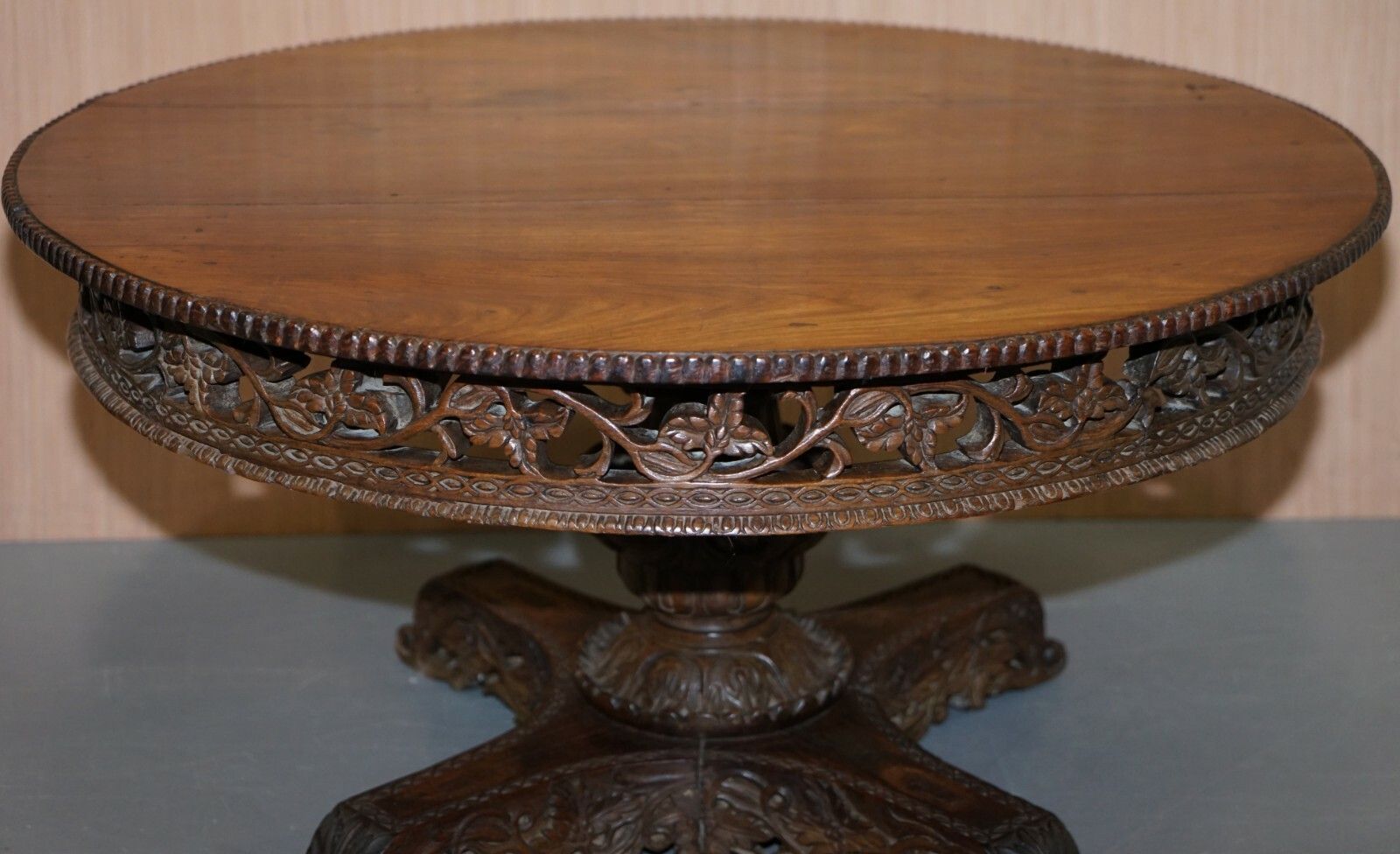Rare Circa 1880 Anglo Indian Hand Carved Centre Coffee Occasional Table Burmese photo vinterior