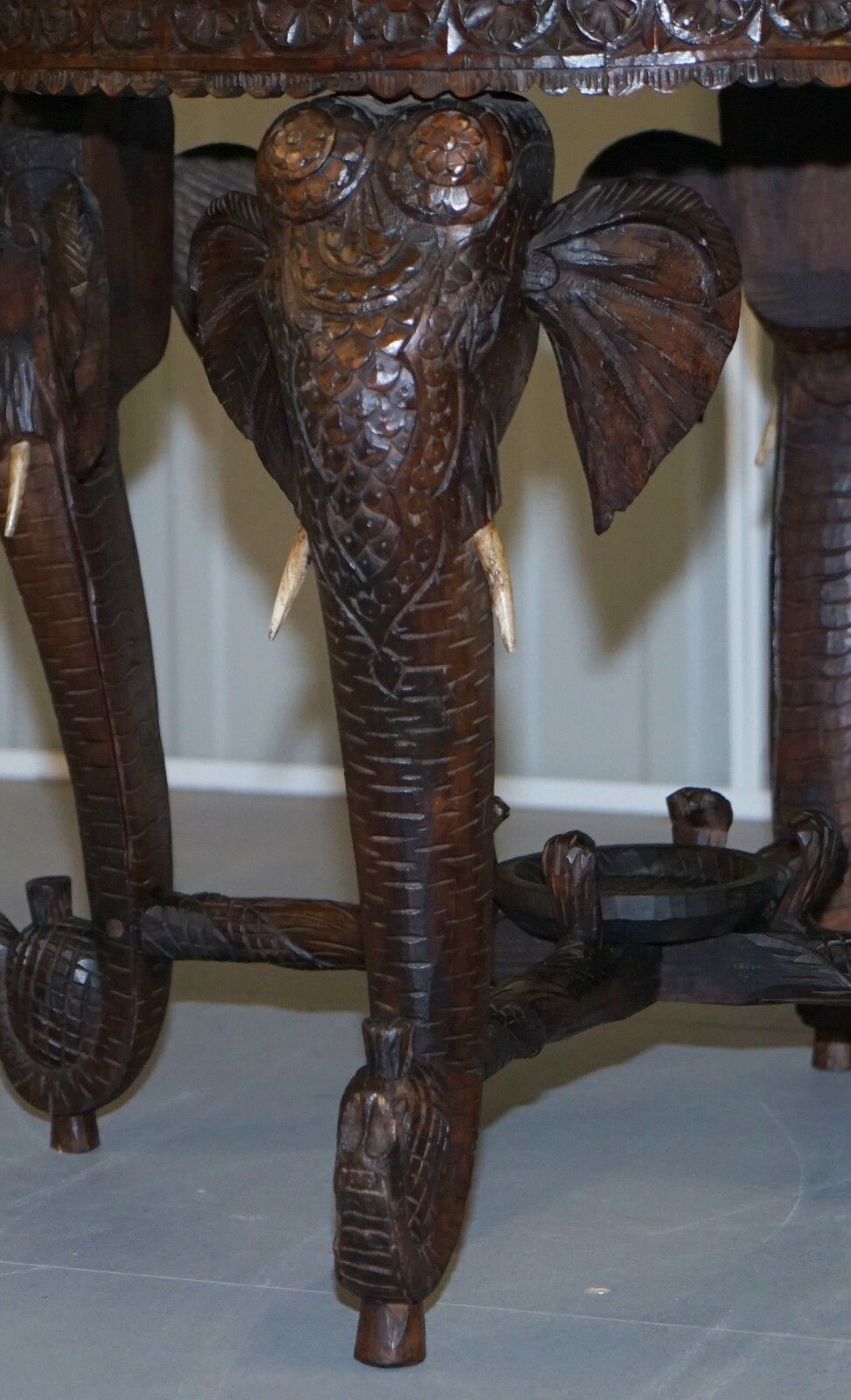 photo furniture Burmese Hand Carved Elephant Occasional Table Pietra Dura Specimen Marble Top
