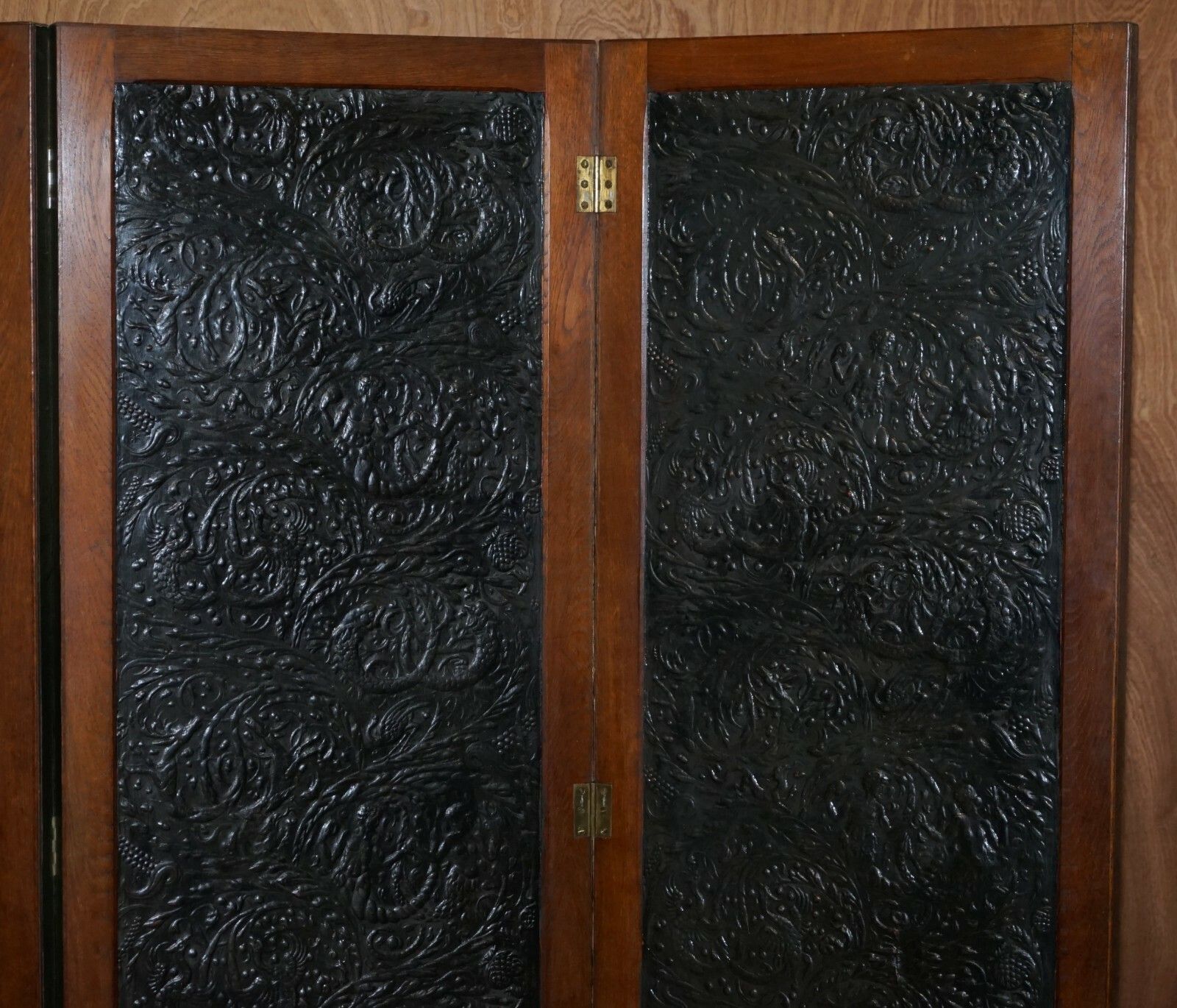 Victorian 193x268cm Embossed Leather & Water Colour Folding Screen Room Divider photo for sale