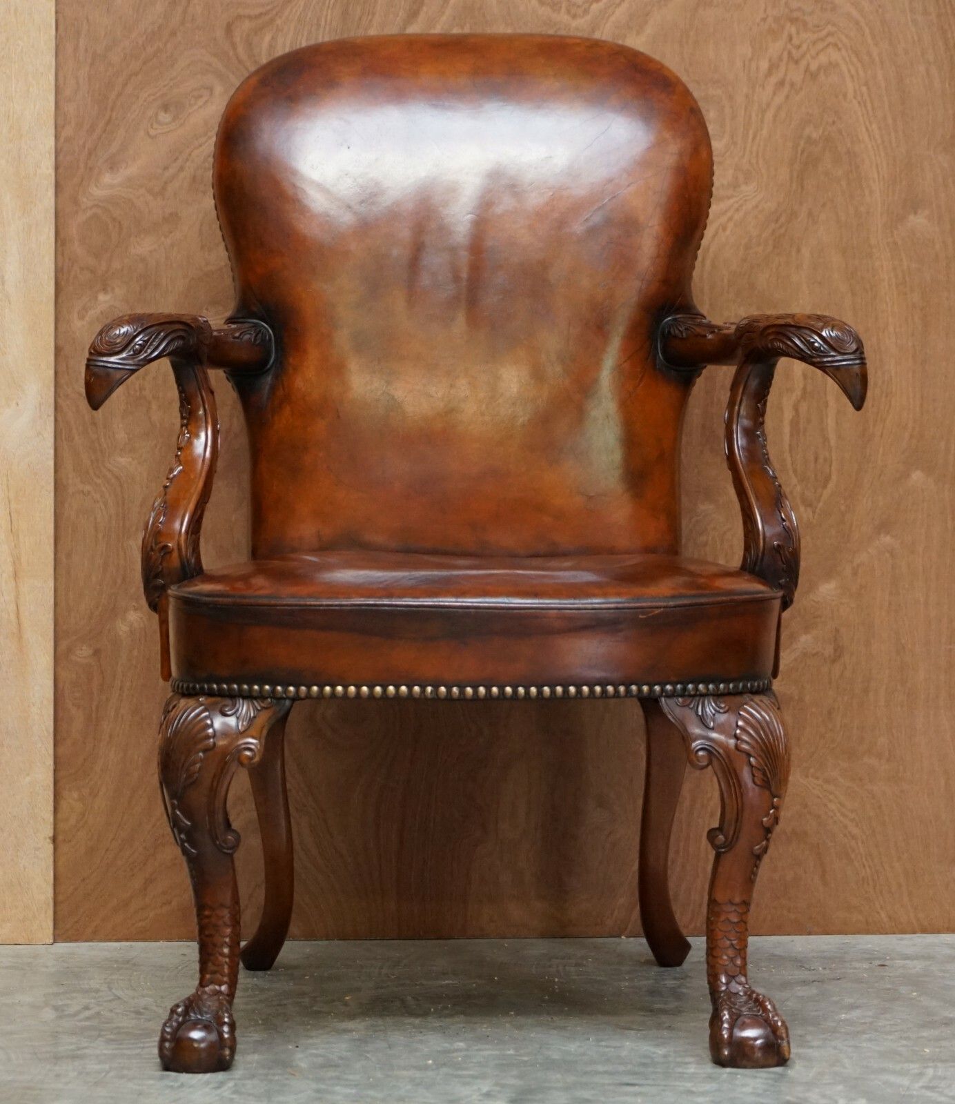 Fully Restored Vintage Eagle Armed Claw & Ball Feet Brown Leather Armchair photo furniture