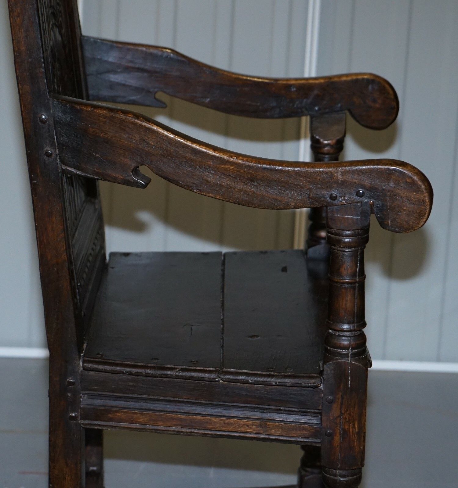 Furniture Exceptionally Rare Original 17th Century Wainscot Armchair Northern England Oak photo
