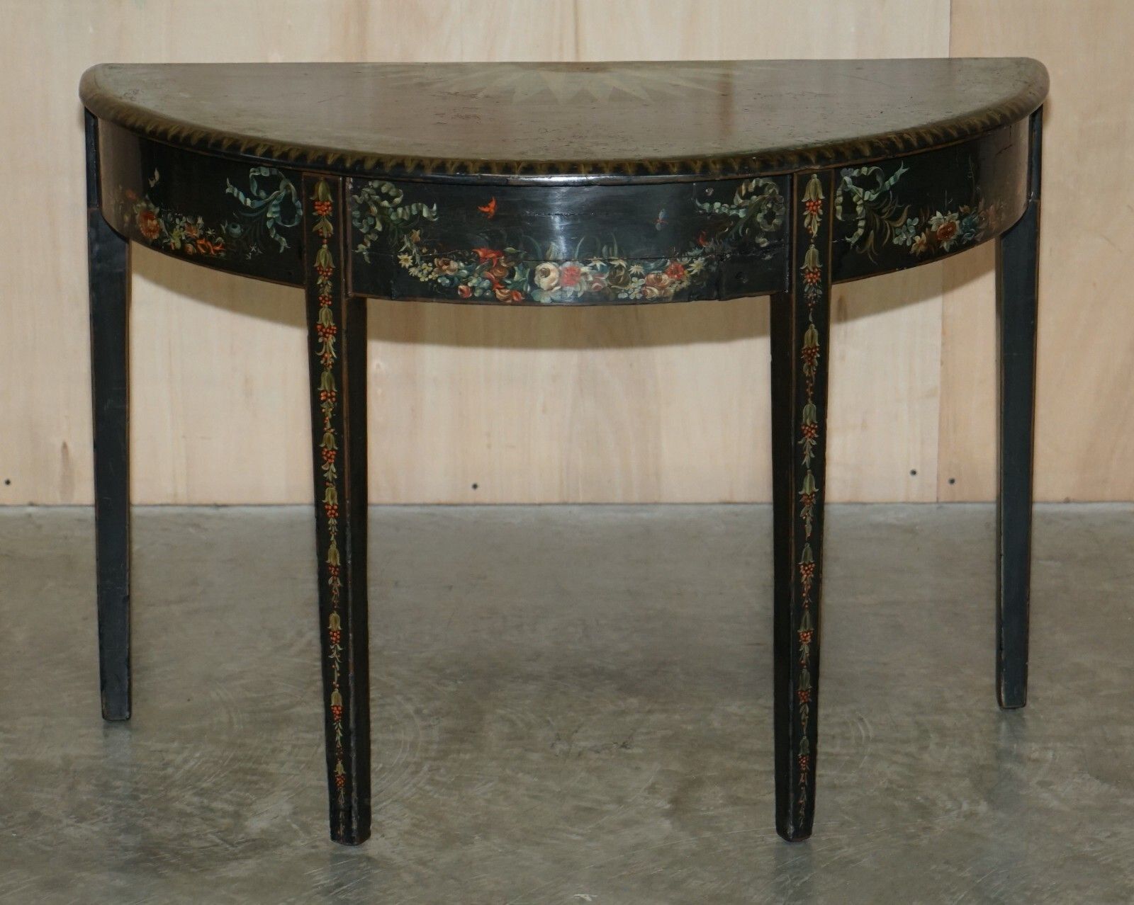 Fine 18th Century Circa 1760 Hand Polychrome Painted Demi Lune Console Table photo for sale