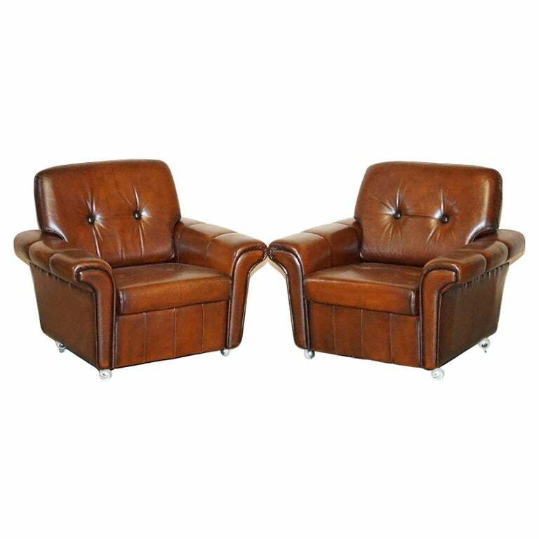 Pair Of Fully Restored Vintage Dutch Mid Century Modern Brown Leather Armchairs