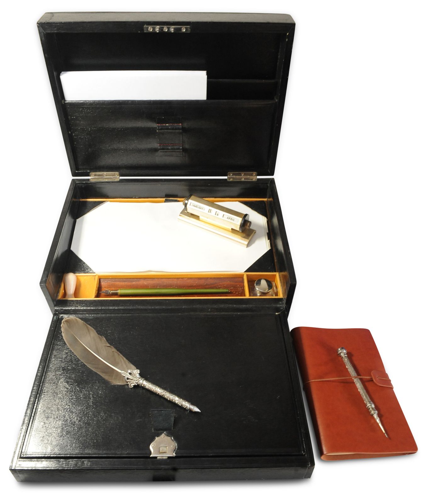 Victorian Glossy Black Leather Extending Correspondence Box / Writing Slope With Black Tooled Leather Interior photo buy
