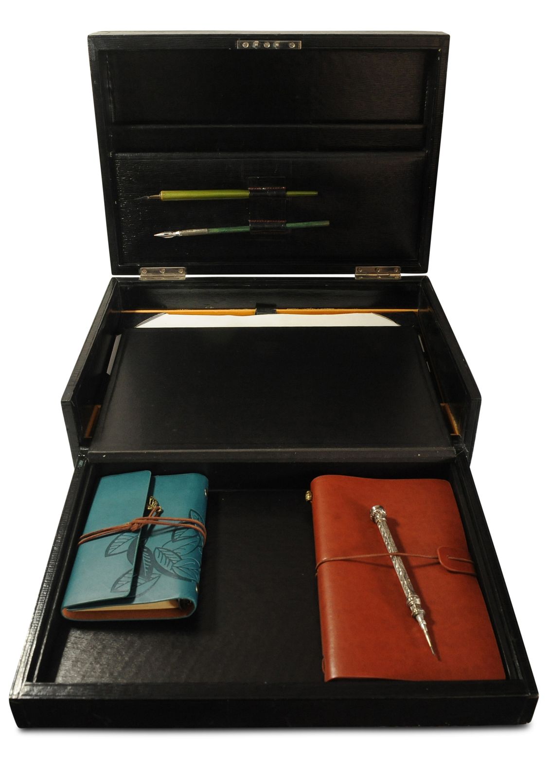 Victorian Glossy Black Leather Extending Correspondence Box / Writing Slope With Black Tooled Leather Interior photo 2800.0