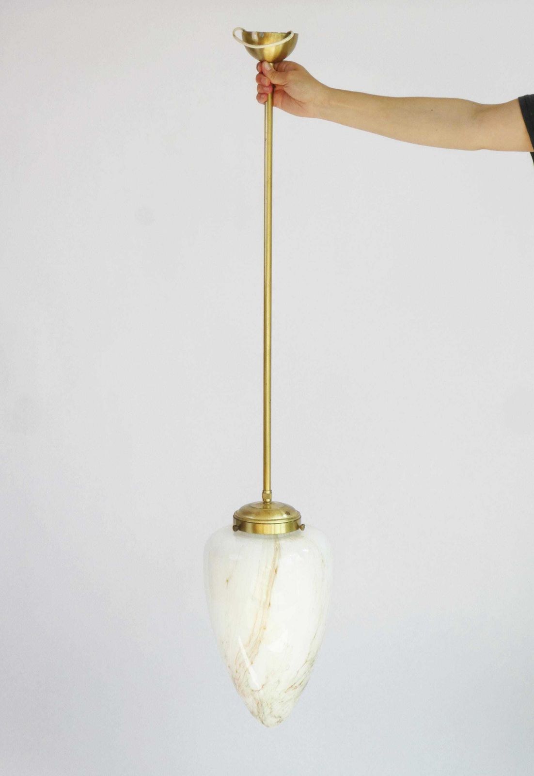 Vintage Art Deco Marbled Glass Pending Lamp, Opal Shaped Hanging Light, Mid Century Lamp In White With Beautiful Colours photo furniture