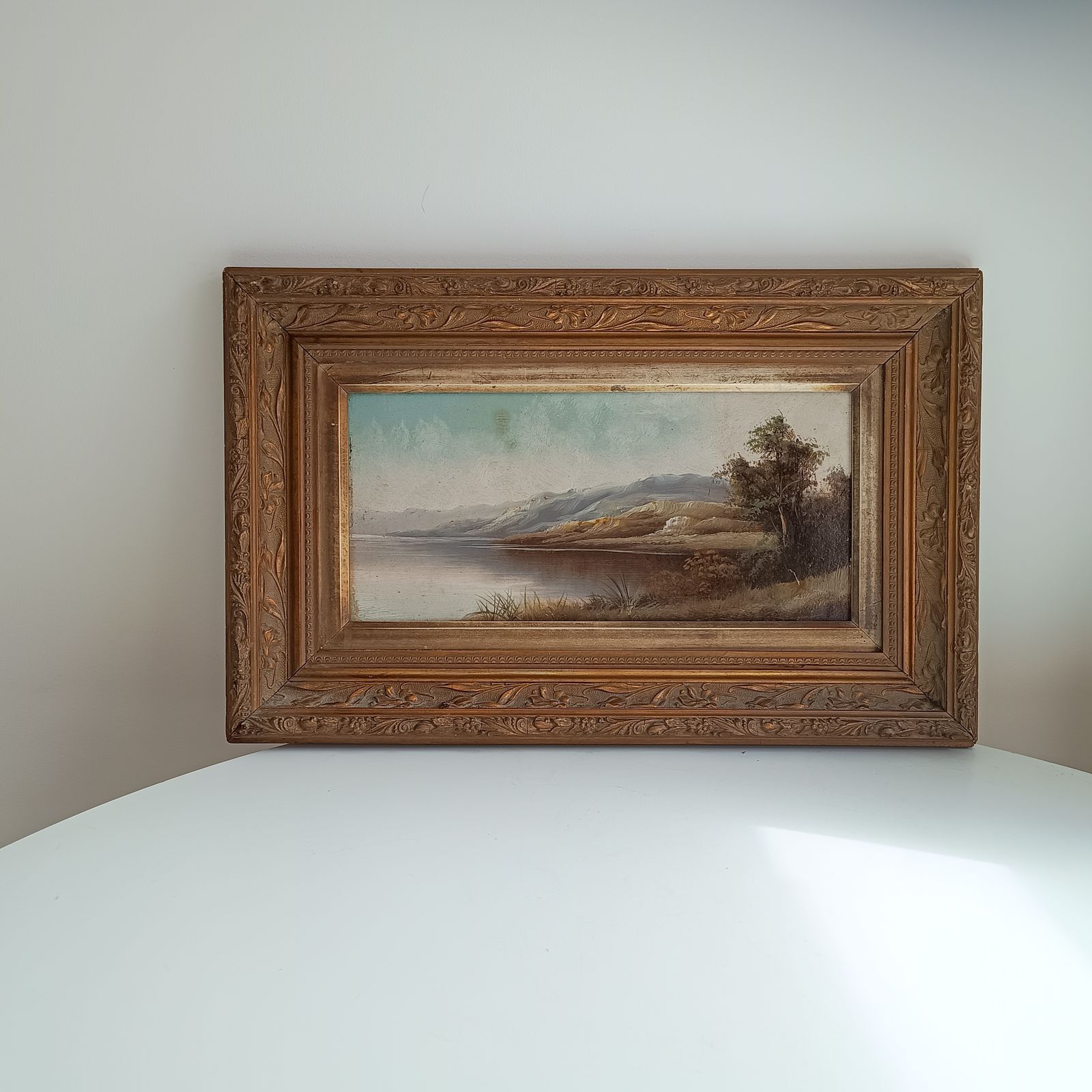 Framed Oil On Board Misty Riverside Scene, Scottish School, Art Nouveau Frame 1906