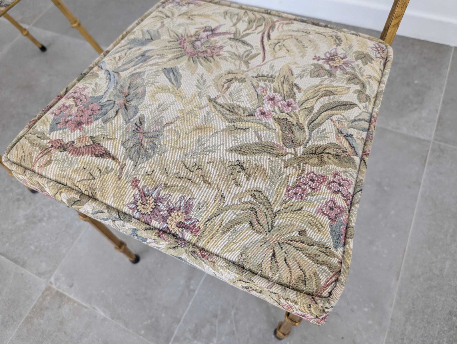 Set Of 4 Gold Wrought Iron Chairs With Floral Tapestry, 1980s photo 2892.0