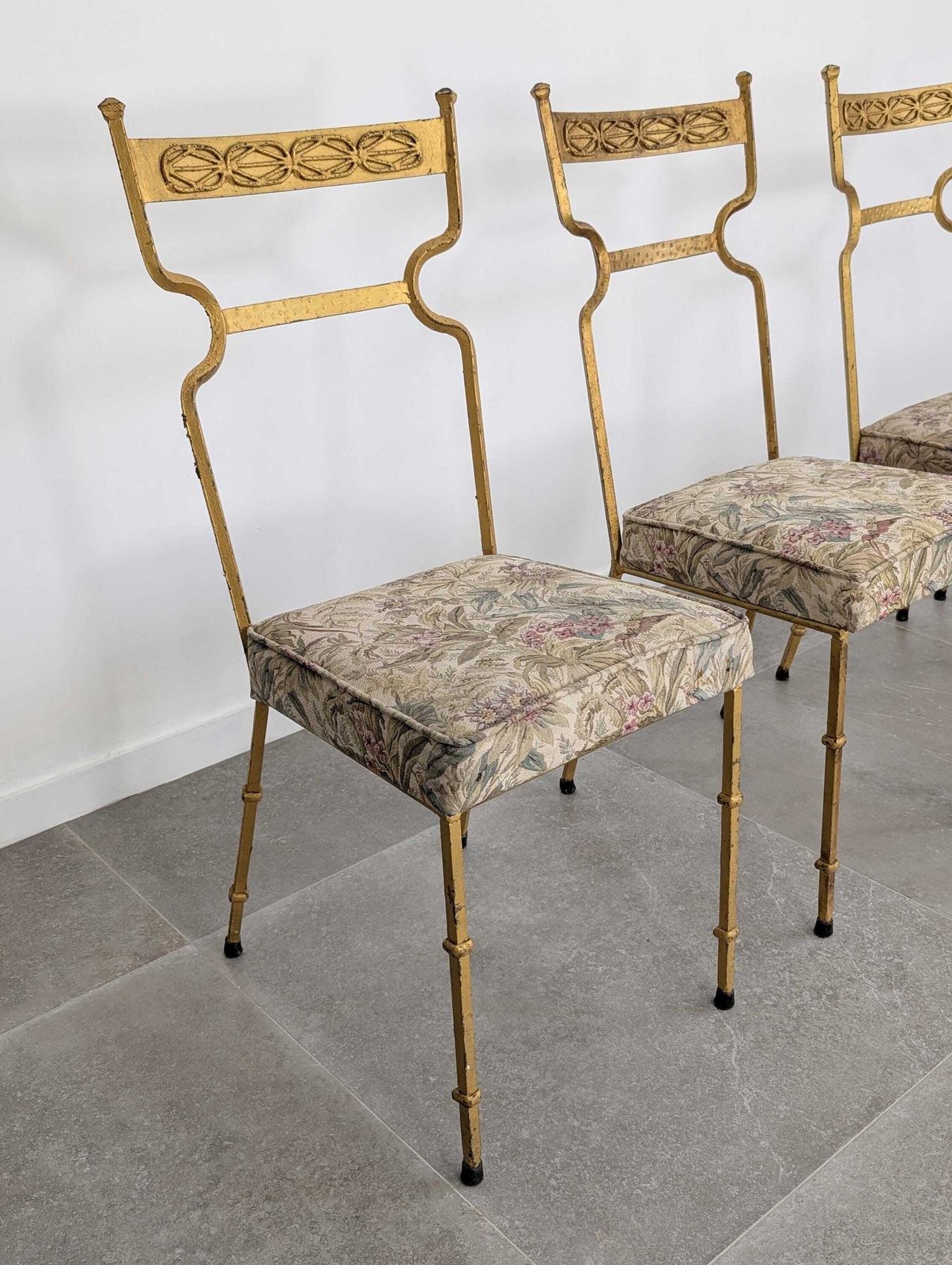 Set Of 4 Gold Wrought Iron Chairs With Floral Tapestry, 1980s photo buy