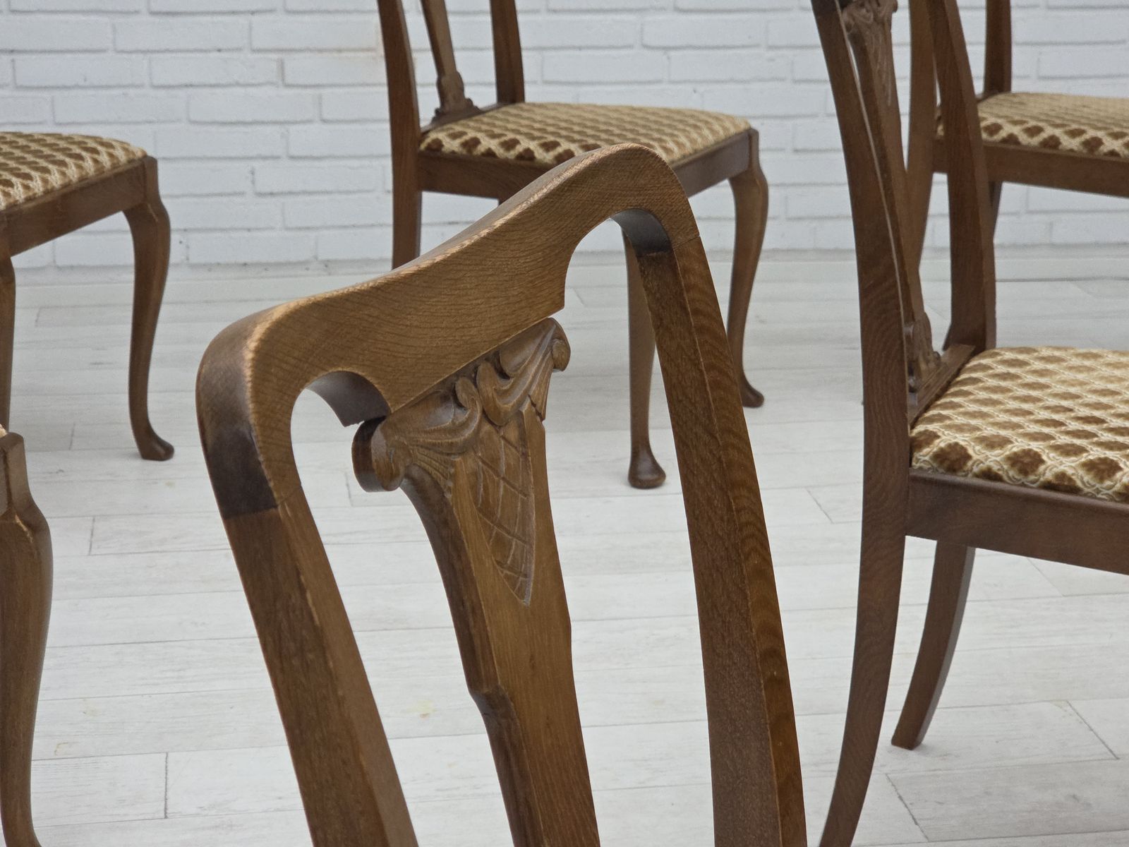 1930s, Set Of 6 Danish Vintage Chairs, Furniture Velour, Oak Wood, Reupholstered. photo Furniture