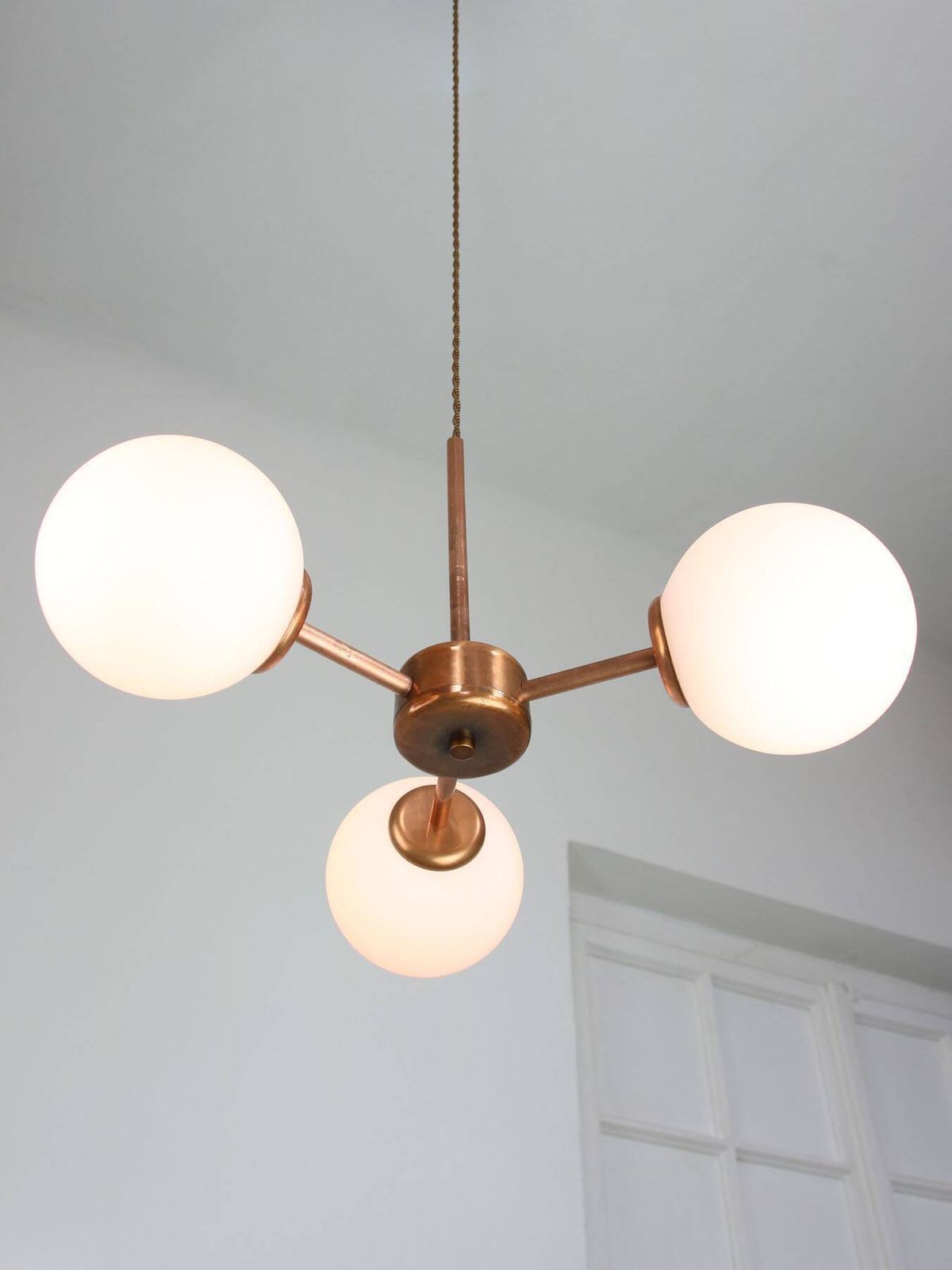 photo furniture Mid Century Modern Italian Chandelier In Copper And Opaline Glass, 1960s