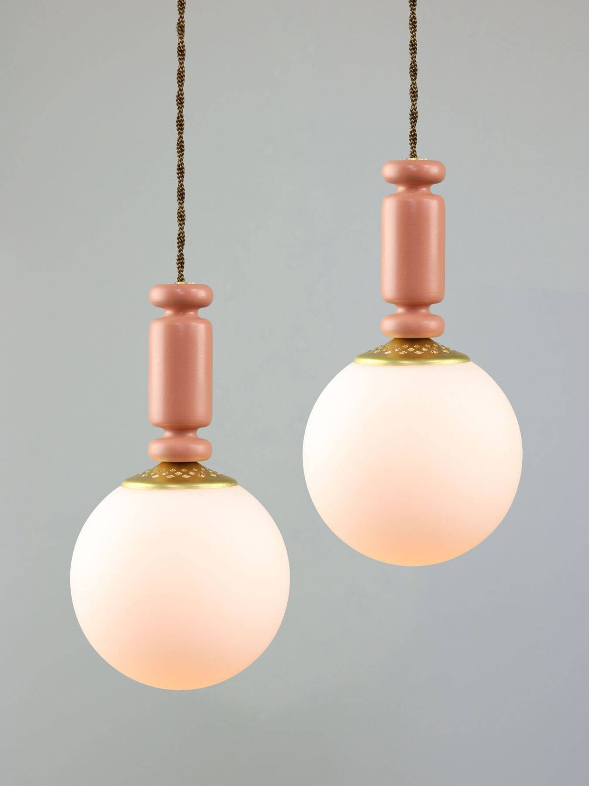 Mid Century Italian Brass & Opaline Glass Pendant Lamps, Set Of 2 photo for sale