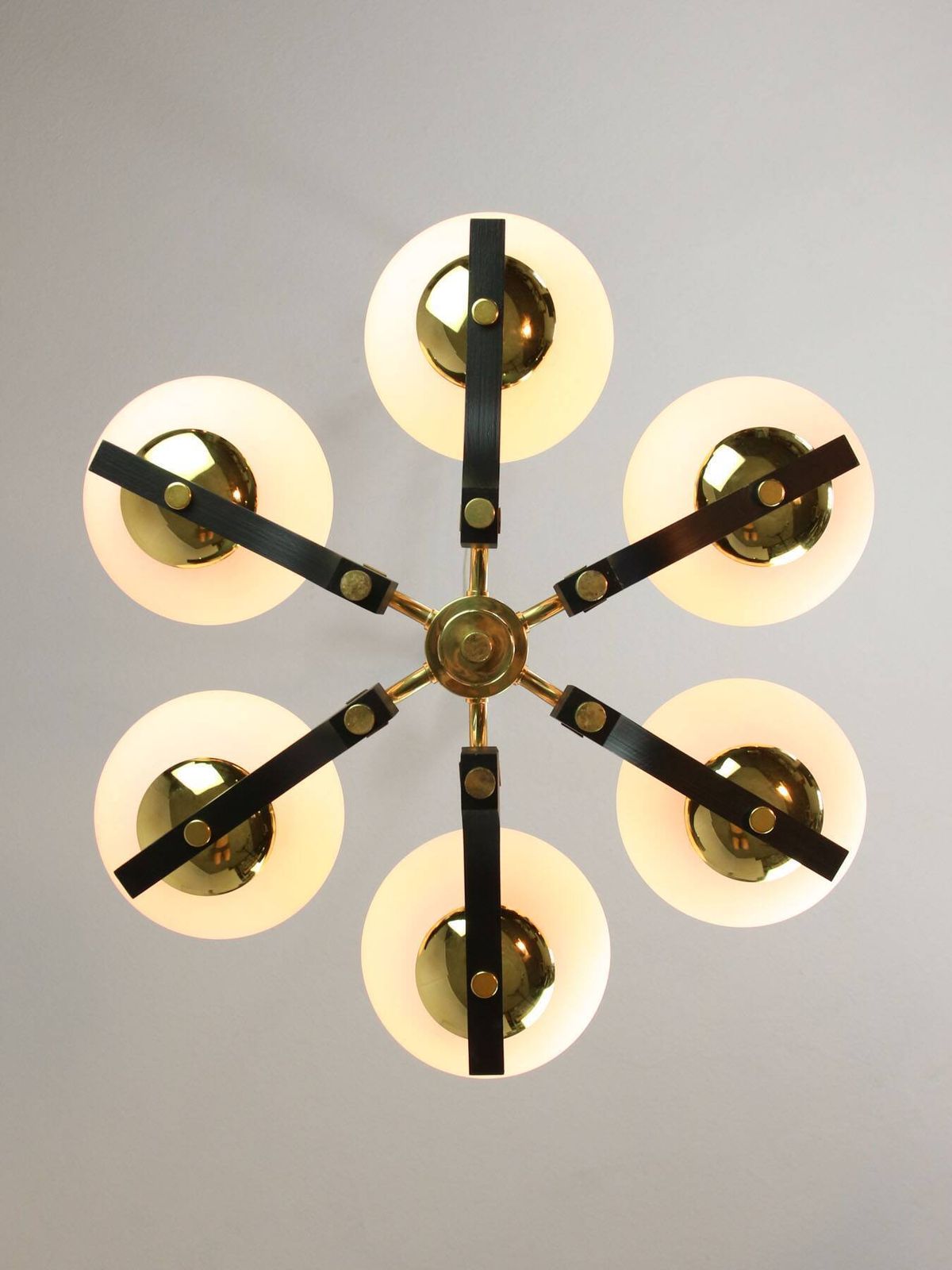 photo for sale Mid Century Modern Italian Brass And Opaline Chandelier