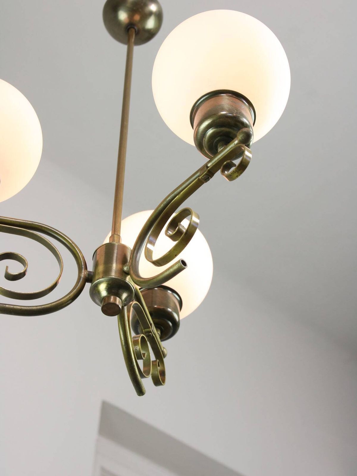 Lighting Vintage Italian Brass And Opaline Chandelier photo