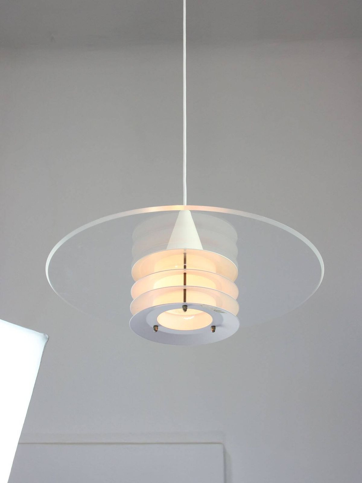 photo for sale Scandinavian Duett Plexiglas And Metal Pendant Lamp From Landskrona Sweden
