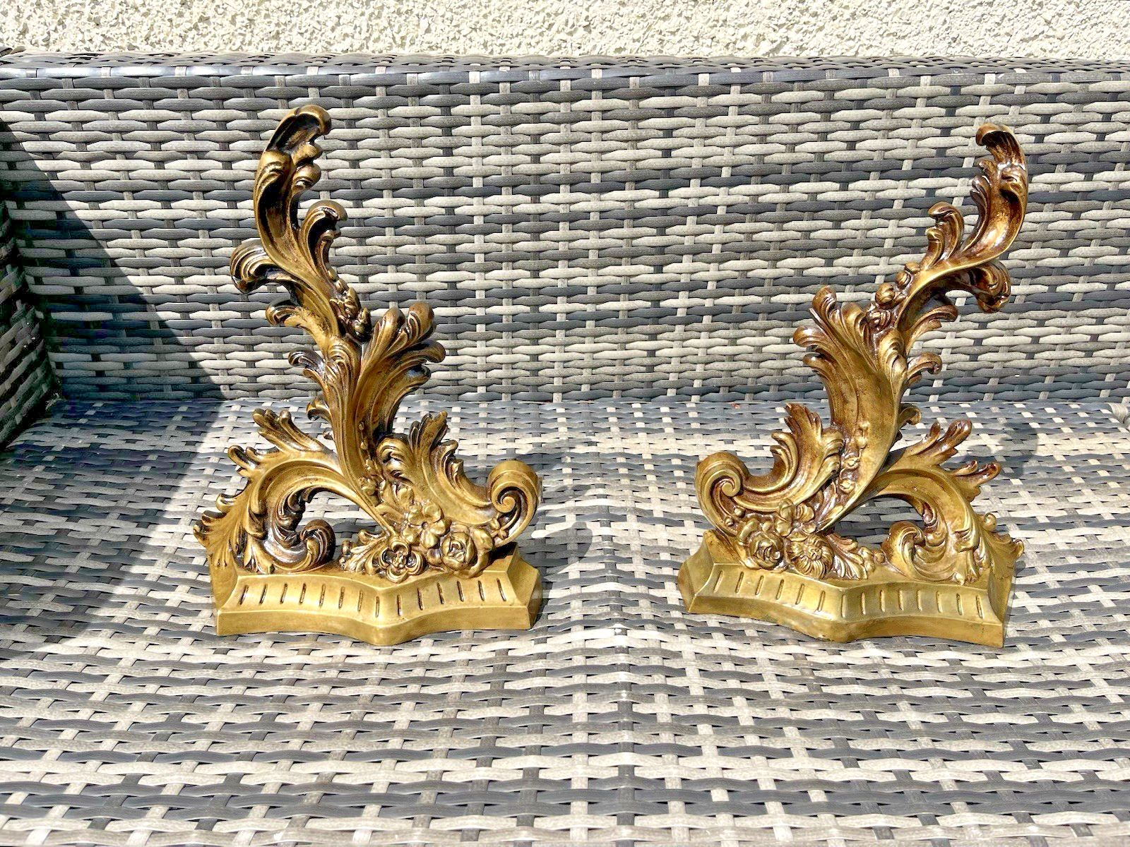 French Rococo Style Acanthus Fireside Fire Dogs Andirons Chenet Antique Vintage photo vintage