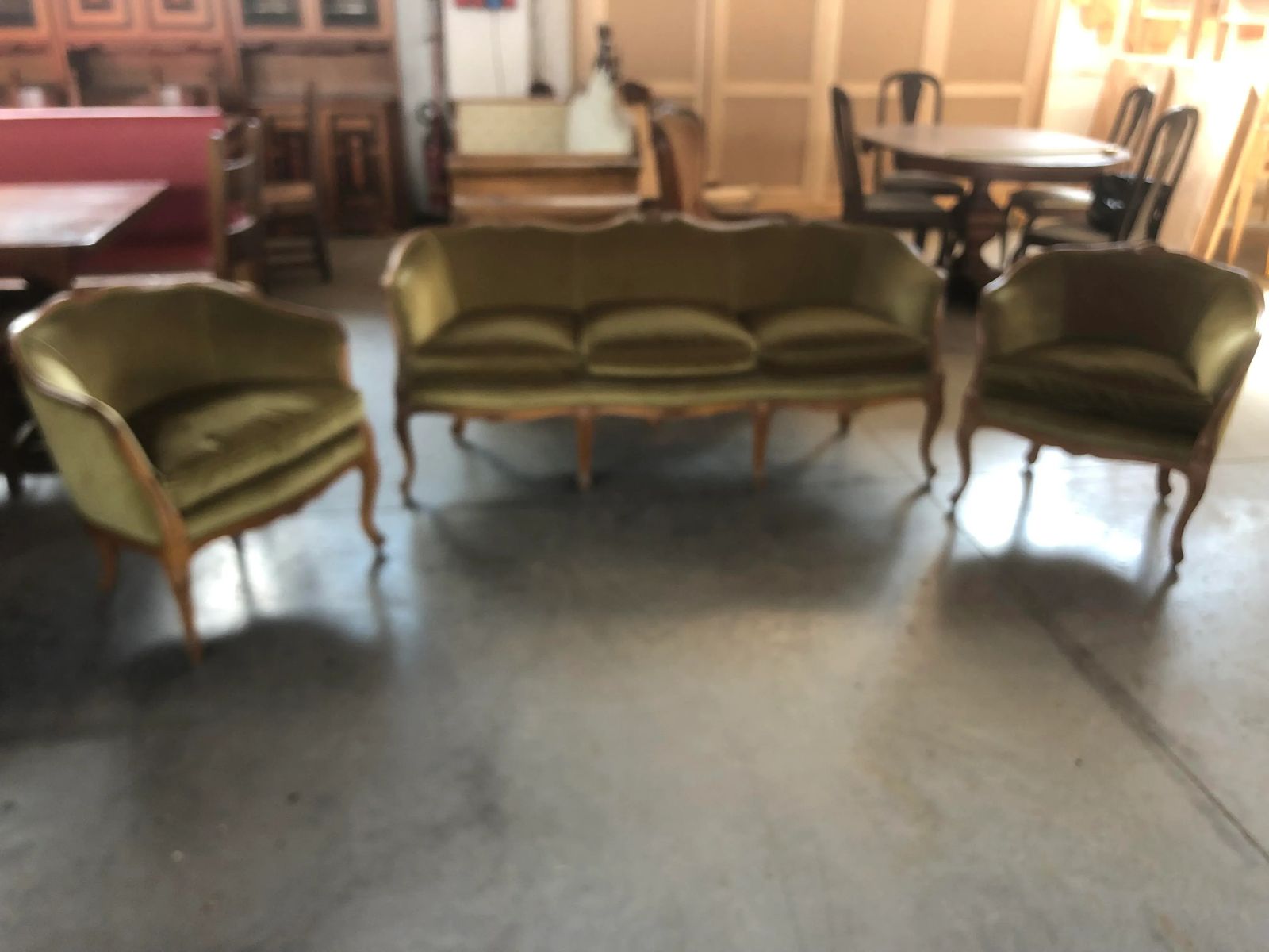 Mid 20th Century Italian Style Armchairs And Sofa In Walnut Wood Carved   3 Pieces photo Furniture