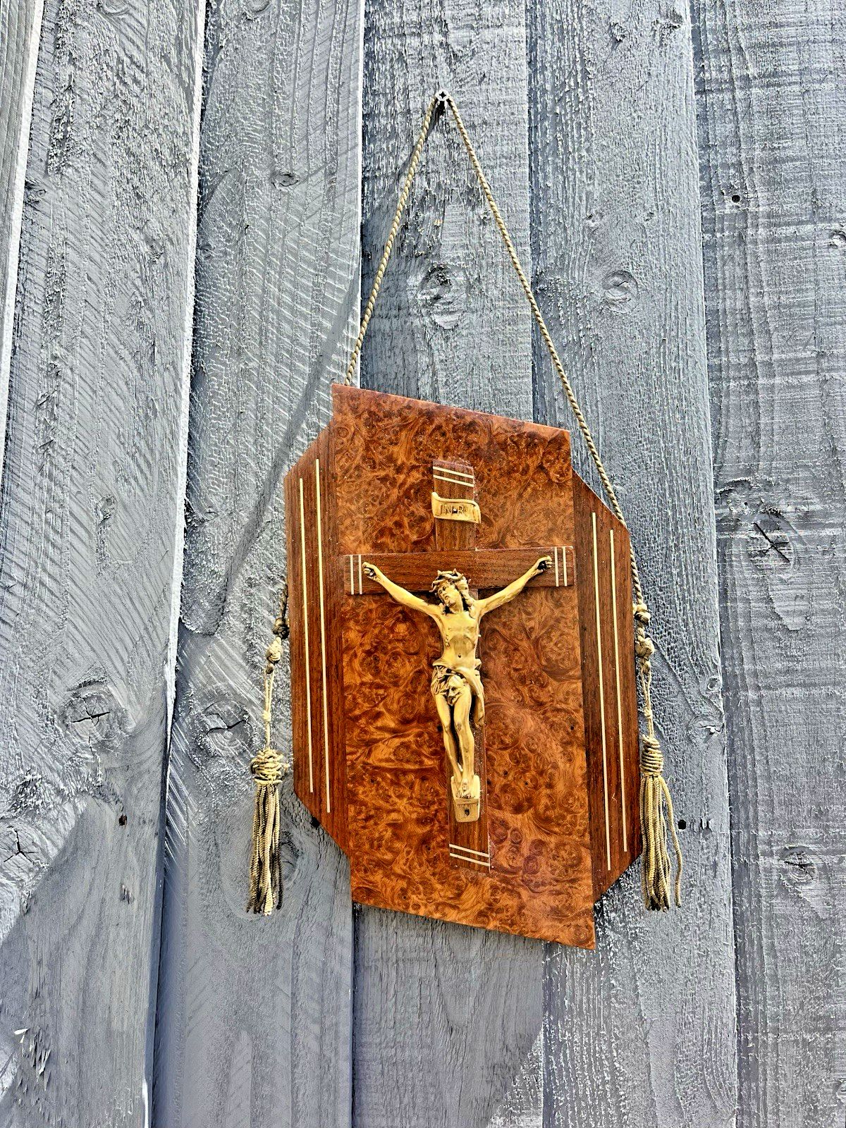 French Art Deco Gilt Brass Burr Walnut Wall Hanging Crucifix Church Cross Jesus photo furniture