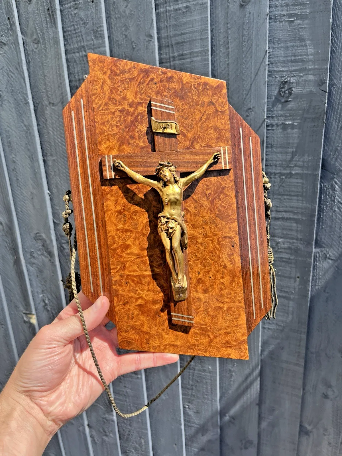 French Art Deco Gilt Brass Burr Walnut Wall Hanging Crucifix Church Cross Jesus photo 150.0