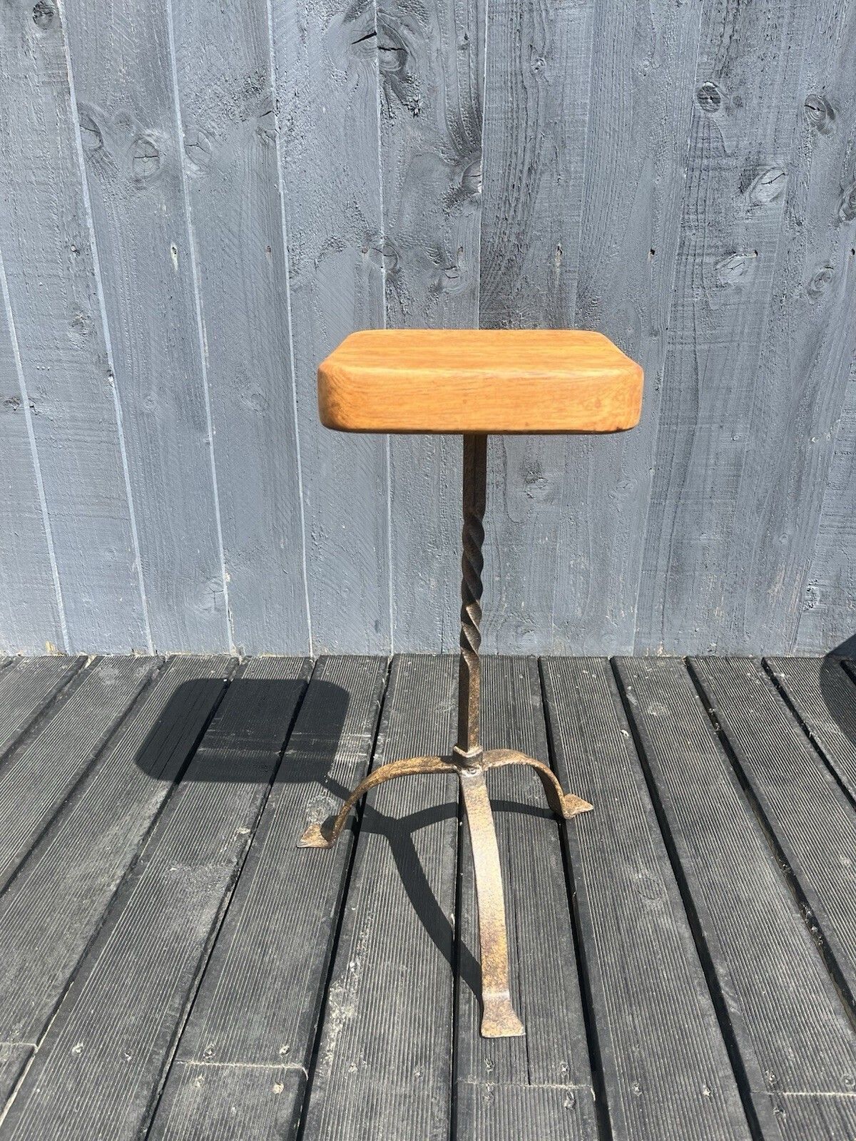 Old Rustic Oak Wrought Iron Stool Country Farmhouse Antique Vintage Plant Stand photo furniture