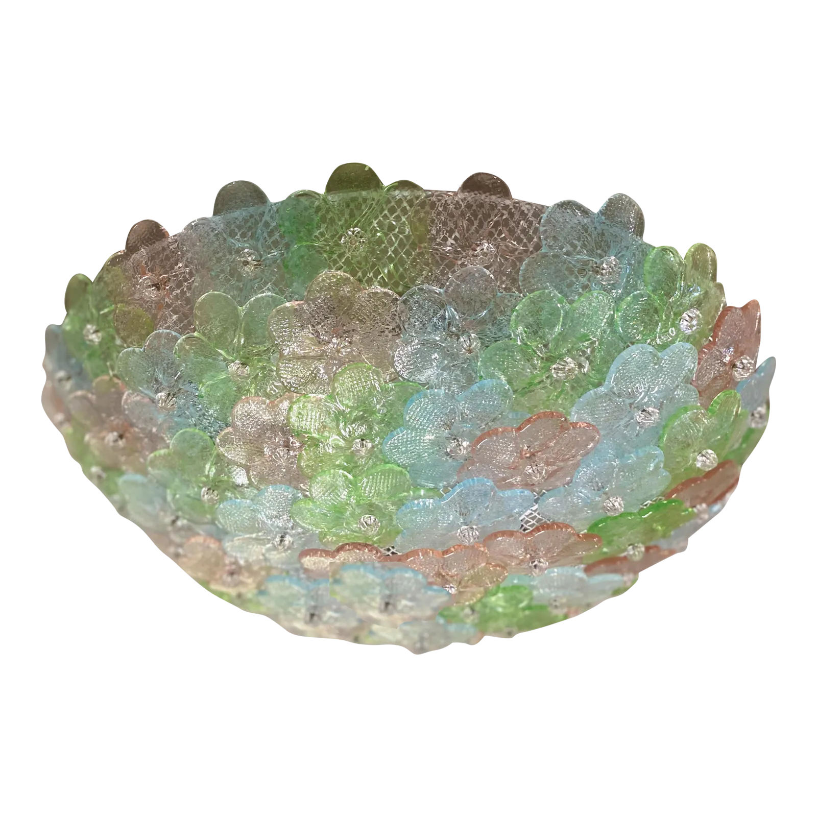 Venetian Green, Pink, And Light Blue Flowers Murano Glass Flush Mount