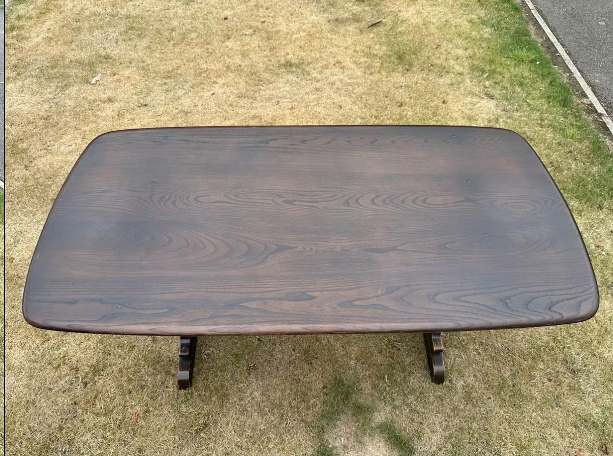 Vintage Ercol Refectory Plank Top Dining Table – Dark Wood Finish 1970’s photo Furniture