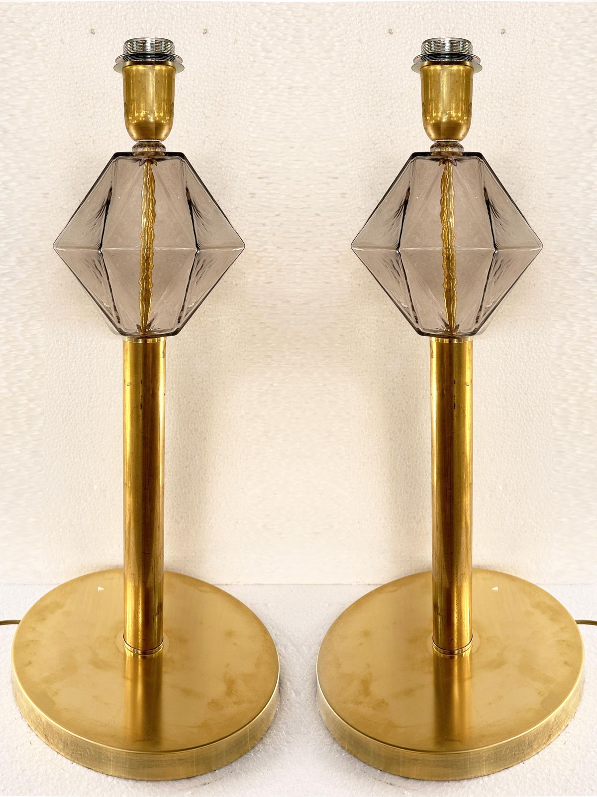 Set Of Two Contemporary Italian Fumè Murano Glass Table Lamps With Unlaquered Brass photo vinterior