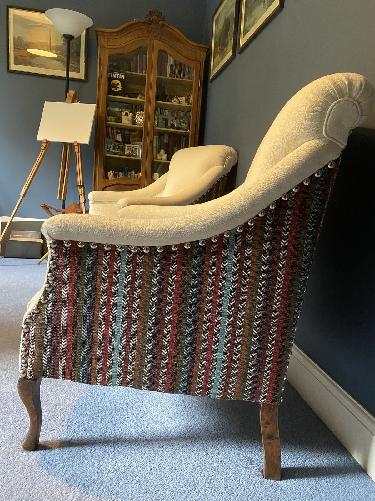 Pair Of Cream Easy Chairs With Striped Upholstery & Stud Detailing
