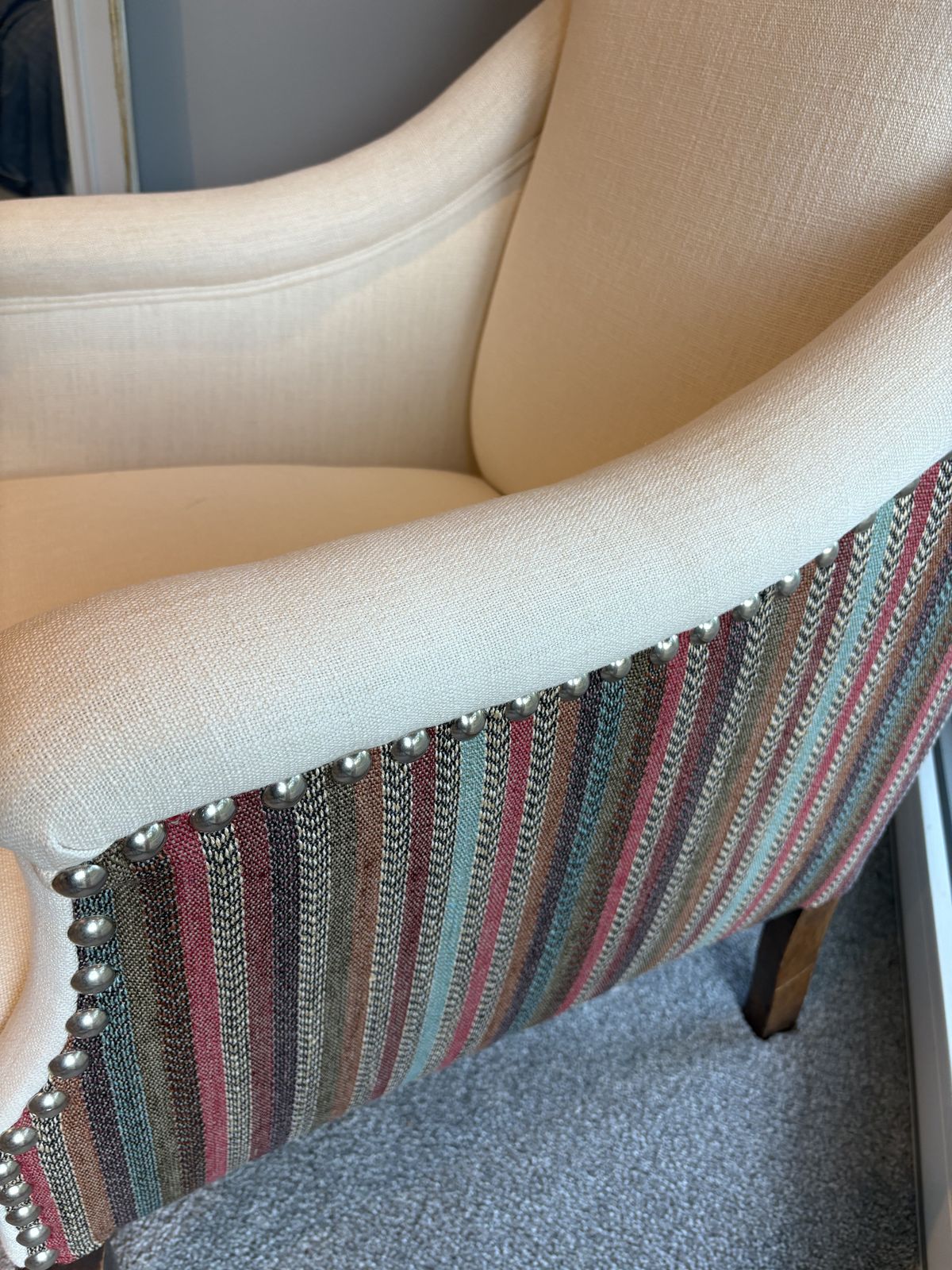Pair Of Cream Easy Chairs With Striped Upholstery & Stud Detailing photo furniture