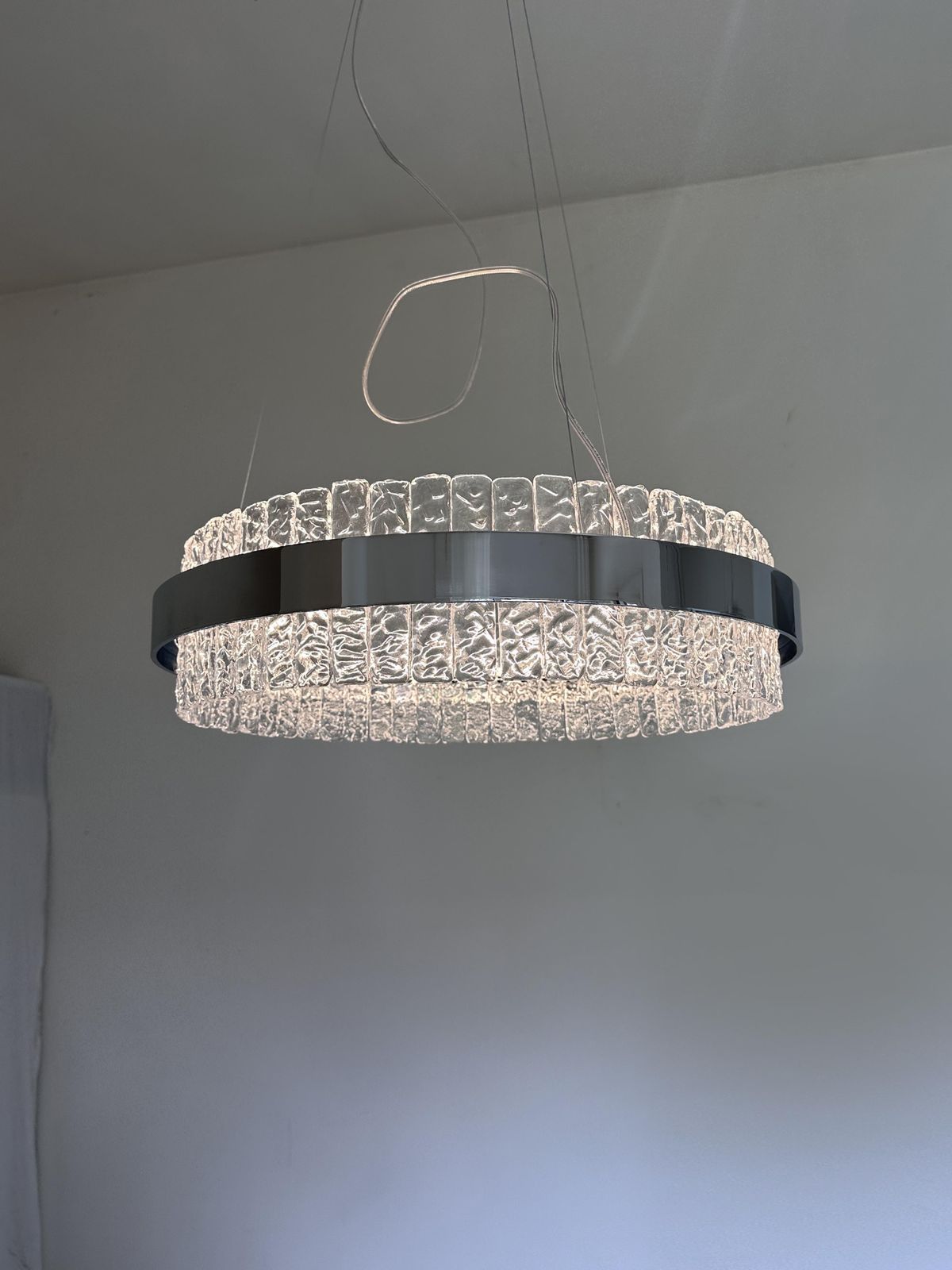 Murano Glass "Ice" Chandelier Hammered Clear Glass In Polish Kromo Ring With Strip Led photo 9059.0