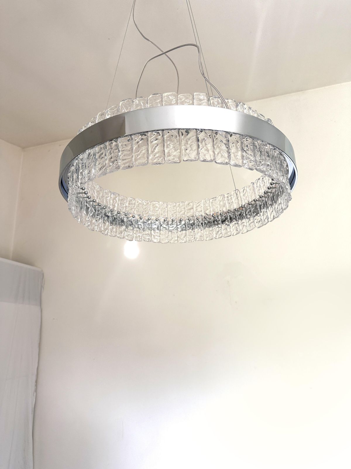 Murano Glass "Ice" Chandelier Hammered Clear Glass In Polish Kromo Ring With Strip Led photo buy
