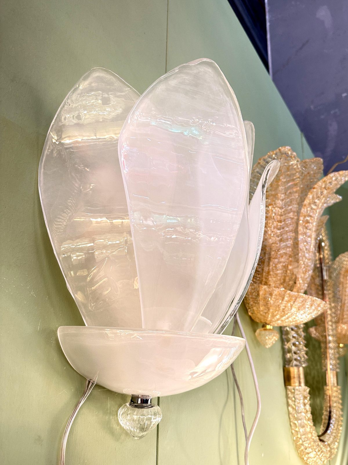 Contemporary Venetian Sanded Murano Glass Floreal Wall Sconces Set Of Two photo for sale