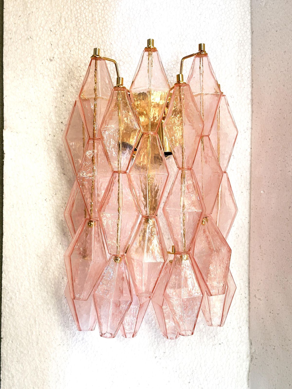 Set Of Two Contemporary Pink “Poliedri” Murano Glass Gold 24k Wall Sconces photo buy