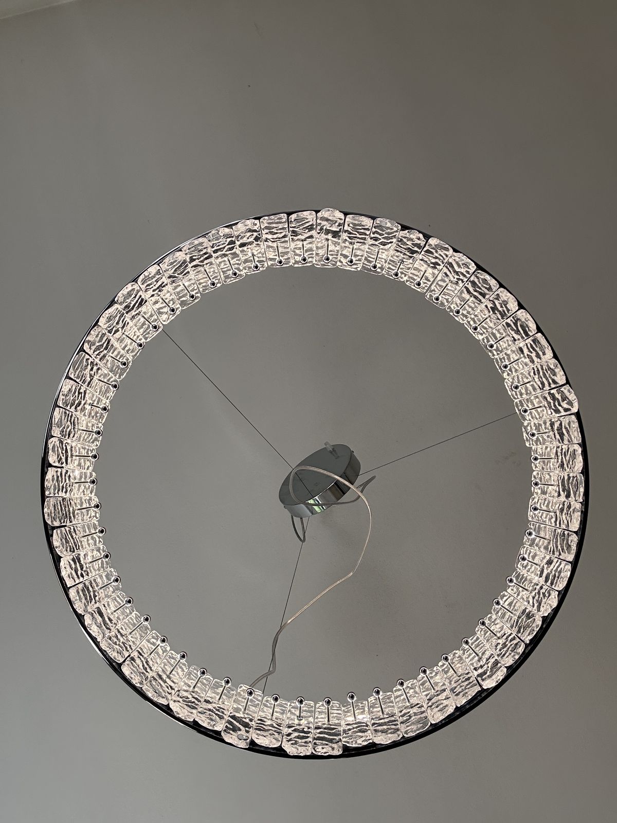 Murano Glass "Ice" Chandelier Hammered Clear Glass In Polish Kromo Ring With Strip Led photo for sale