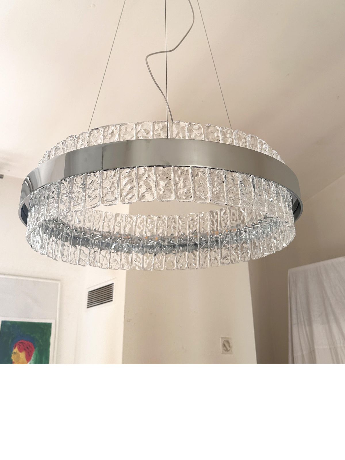 Murano Glass "Ice" Chandelier Hammered Clear Glass In Polish Kromo Ring With Strip Led photo 7210.0