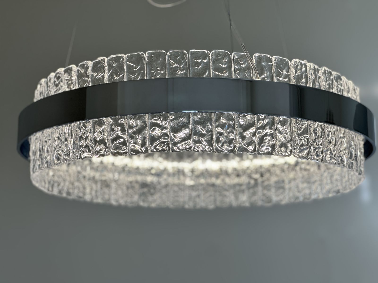 Murano Glass "Ice" Chandelier Hammered Clear Glass In Polish Kromo Ring With Strip Led photo vintage