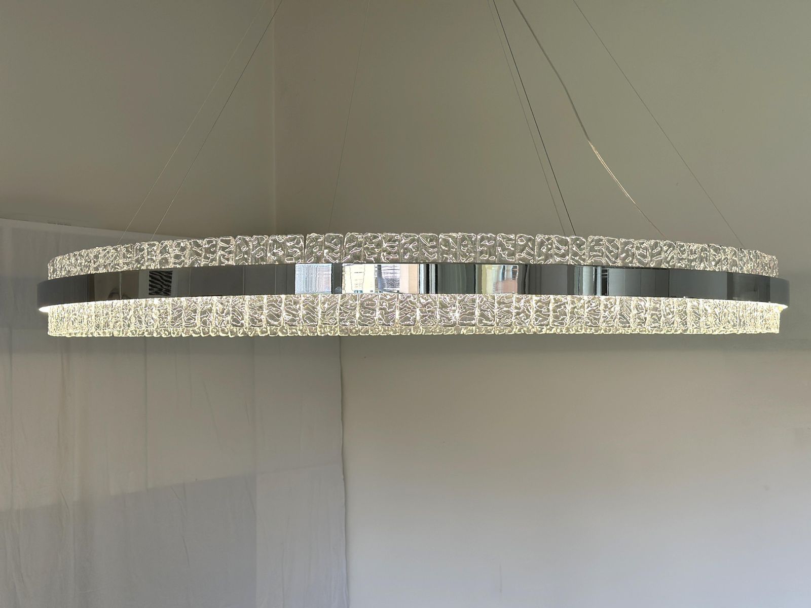Murano Glass "Ice" Chandelier Hammered Clear Glass In Polish Kromo Ring With Strip Led photo for sale