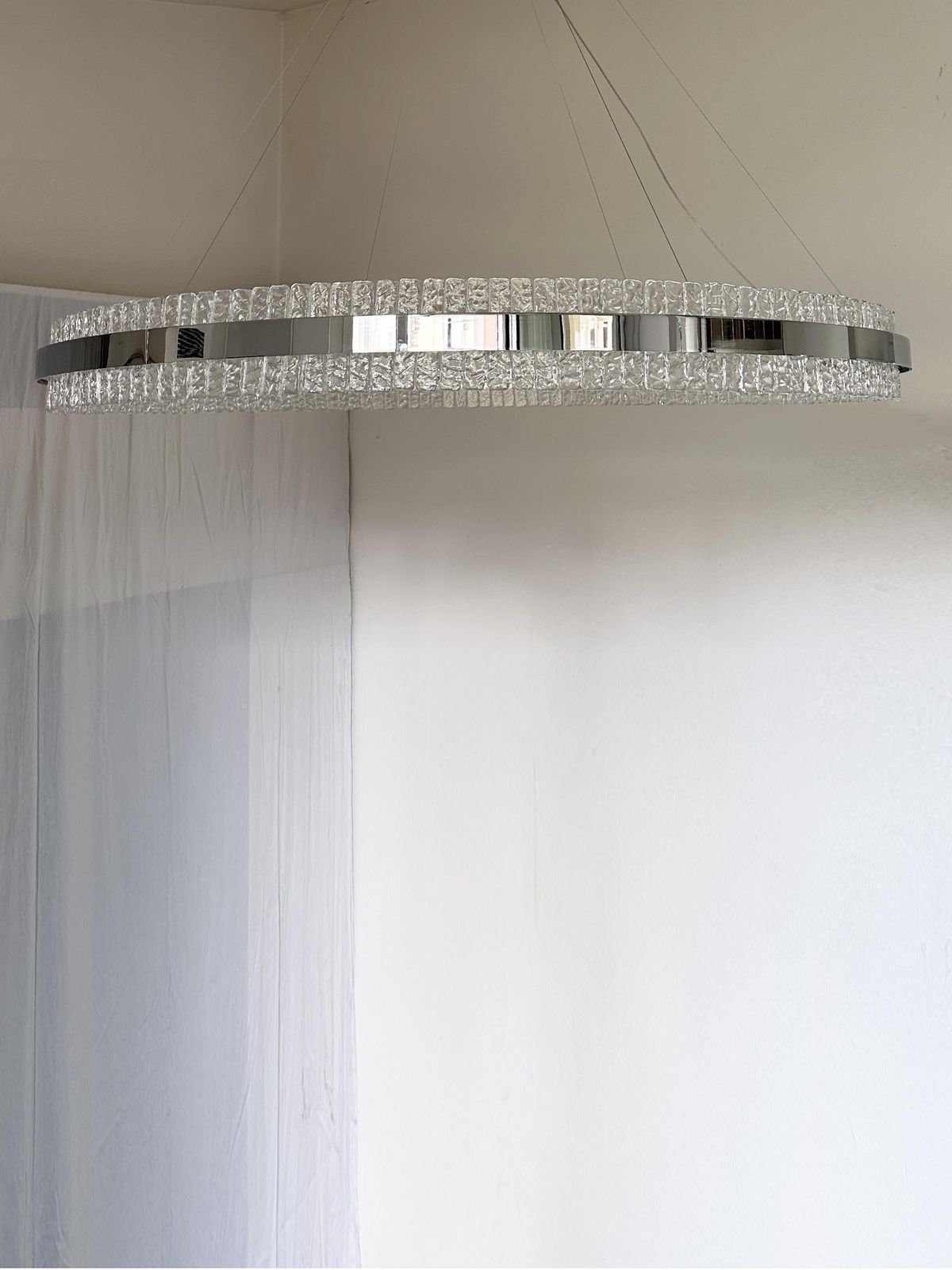 Lighting Murano Glass "Ice" Chandelier Hammered Clear Glass In Polish Kromo Ring With Strip Led photo