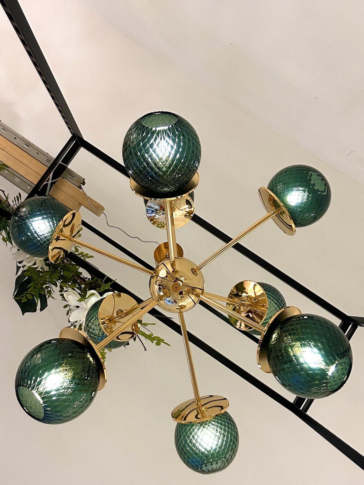 Italian Gold Chandelier Sputnik In Murano Glass Style Green "Balloton" photo buy
