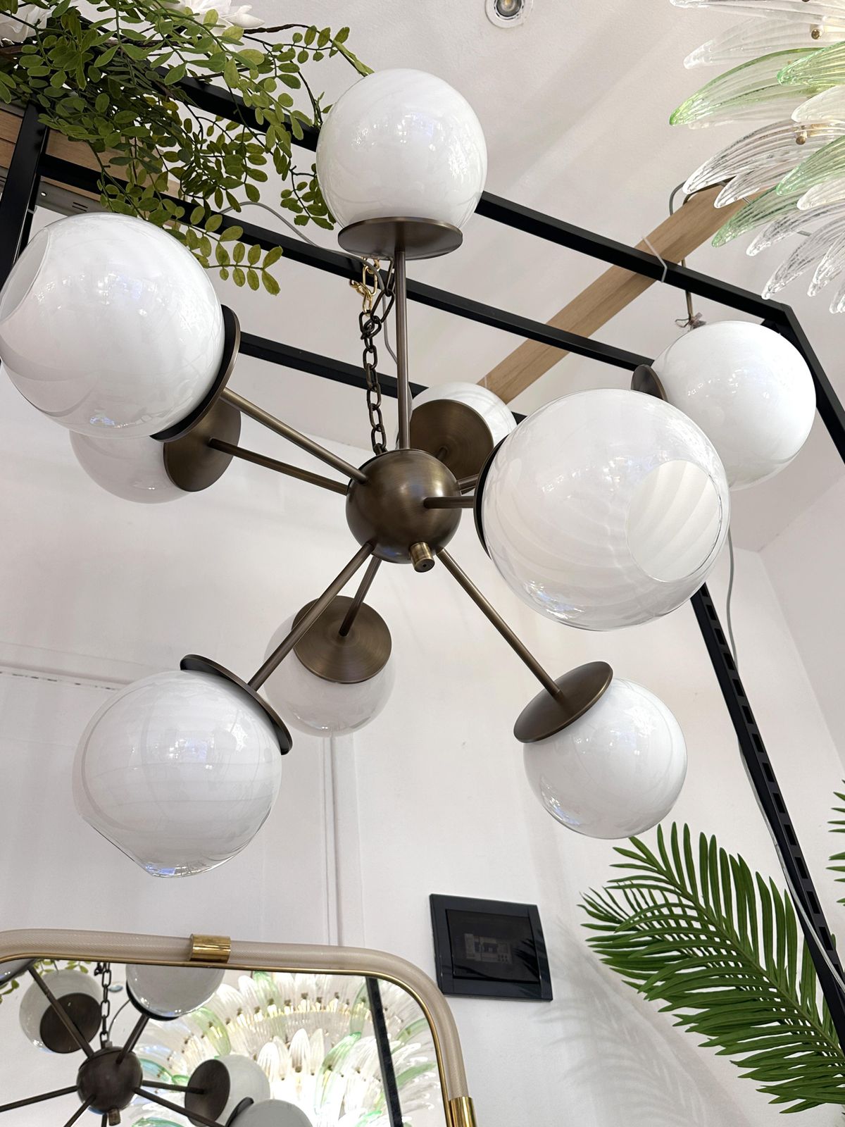 Lighting Italian Burnished Sputnik Chandelier In Milky White Swirl Style Murano Glass photo
