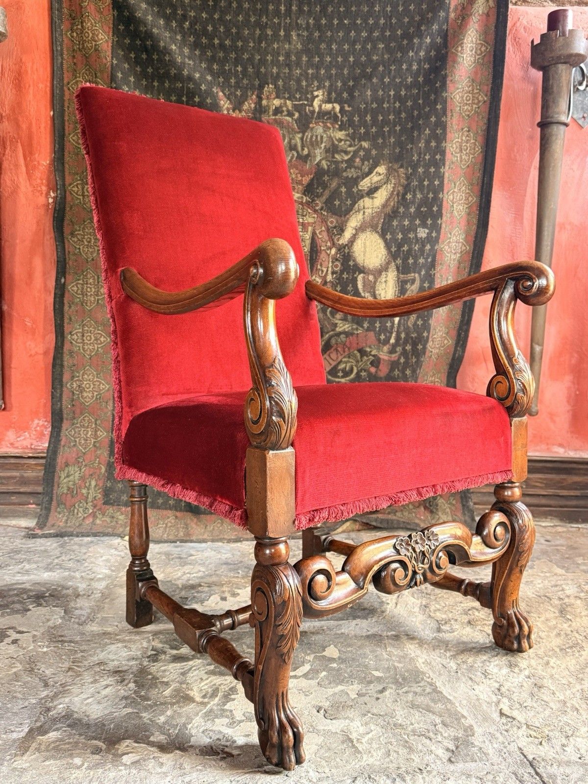 Substancial Heavy Carved Oak Red Antique Throne Arm Chair Stamped Circa 1919 photo furniture
