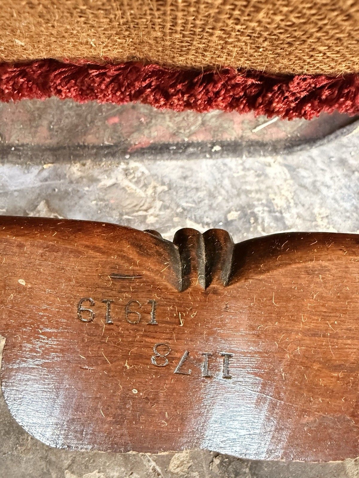 Furniture Substancial Heavy Carved Oak Red Antique Throne Arm Chair Stamped Circa 1919 photo