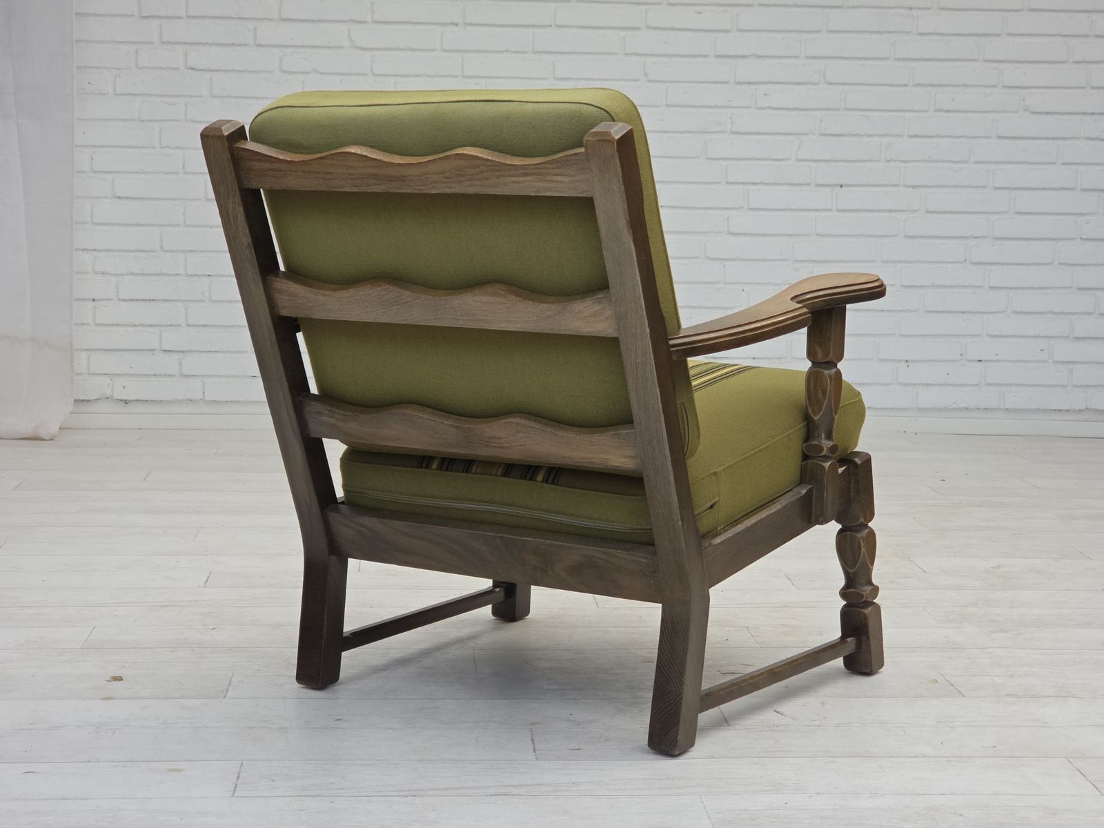 photo furniture 1970s, Pair Of Danish Armchairs, Original Green Furniture Wool, Solid Oak Wood.