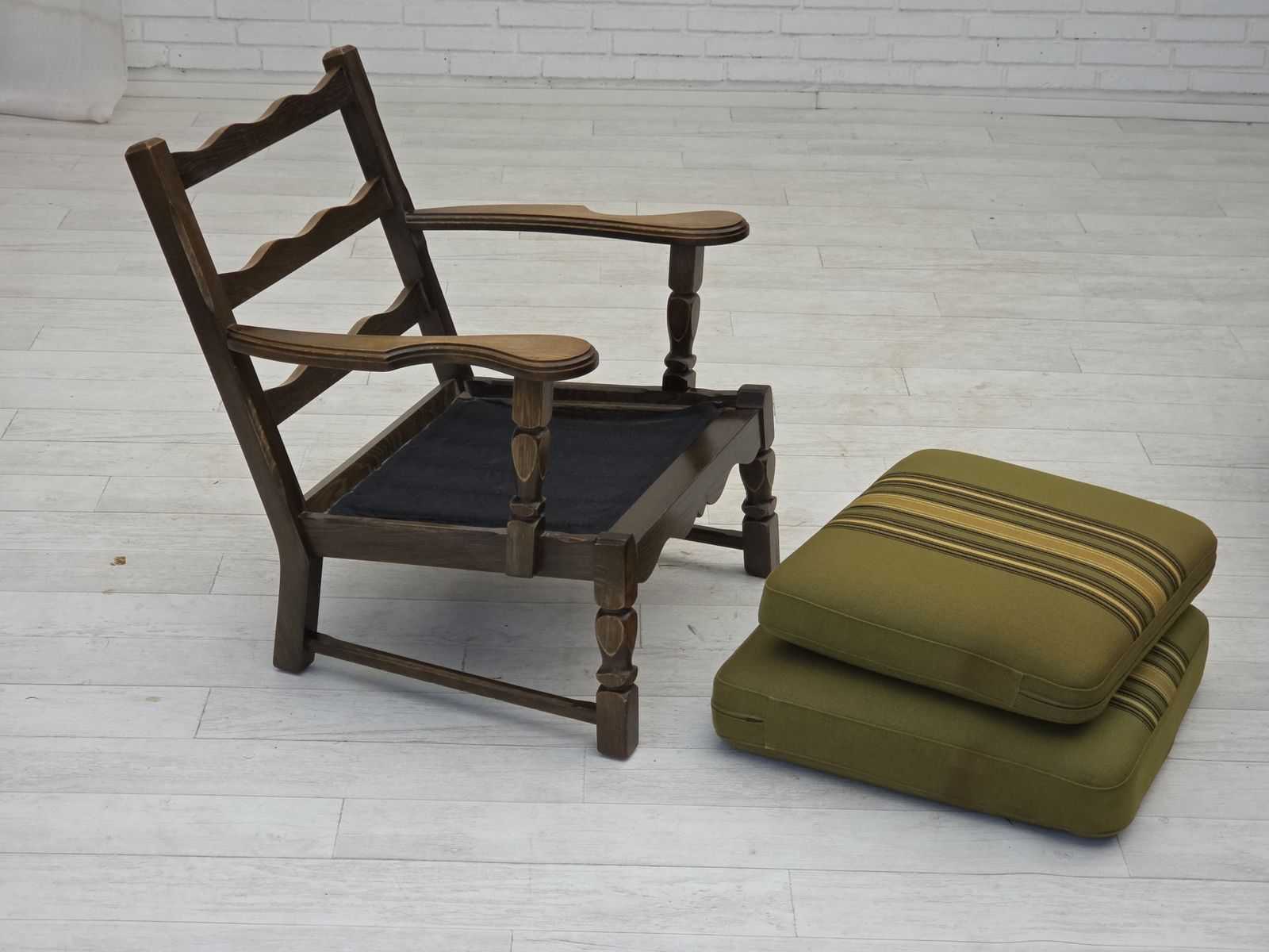 990.0 1970s, Pair Of Danish Armchairs, Original Green Furniture Wool, Solid Oak Wood. photo