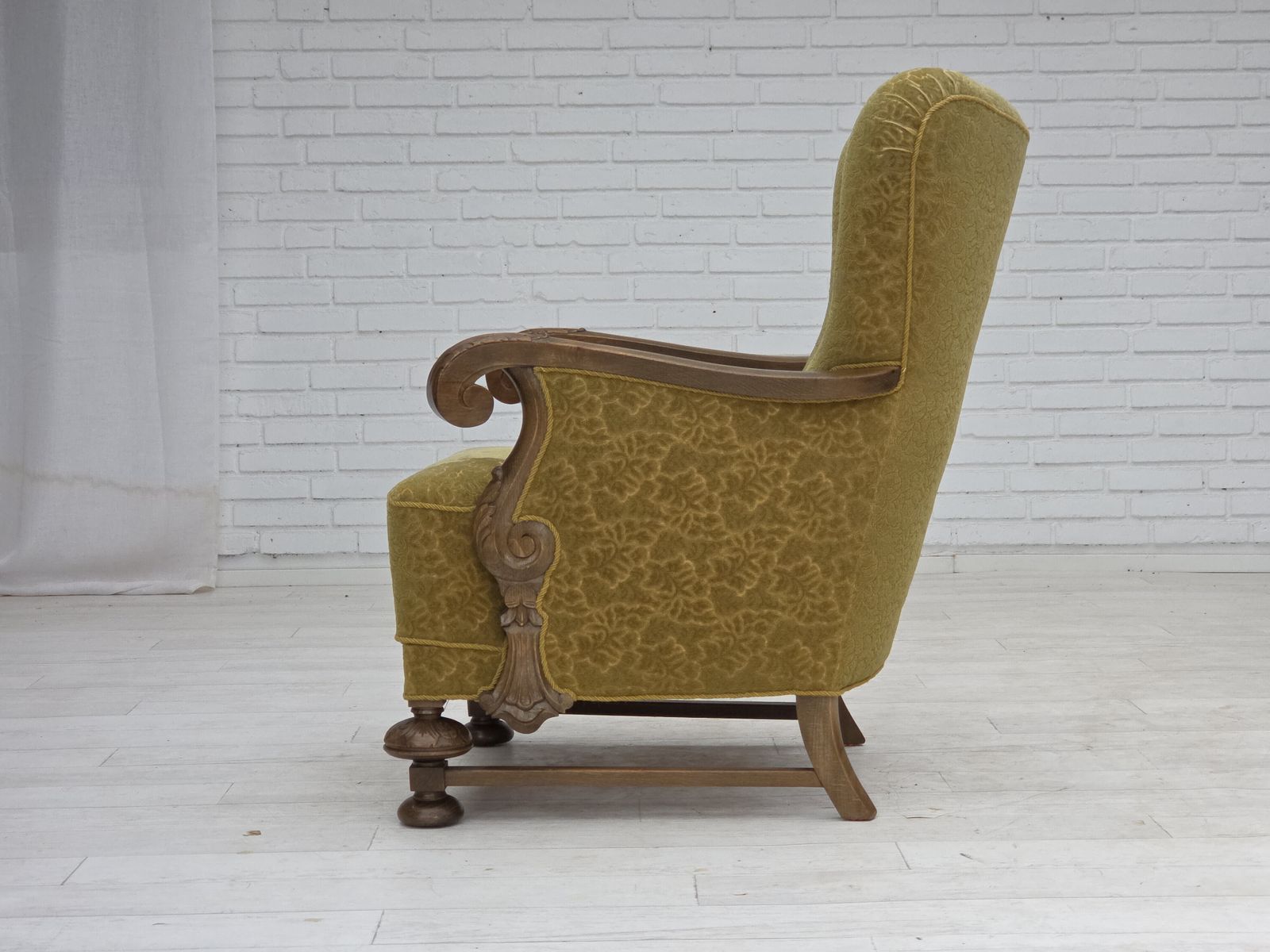 photo for sale 1960s, Danish Armchair, Furniture Cotton/Wool Fabric, Solid Oak Wood.
