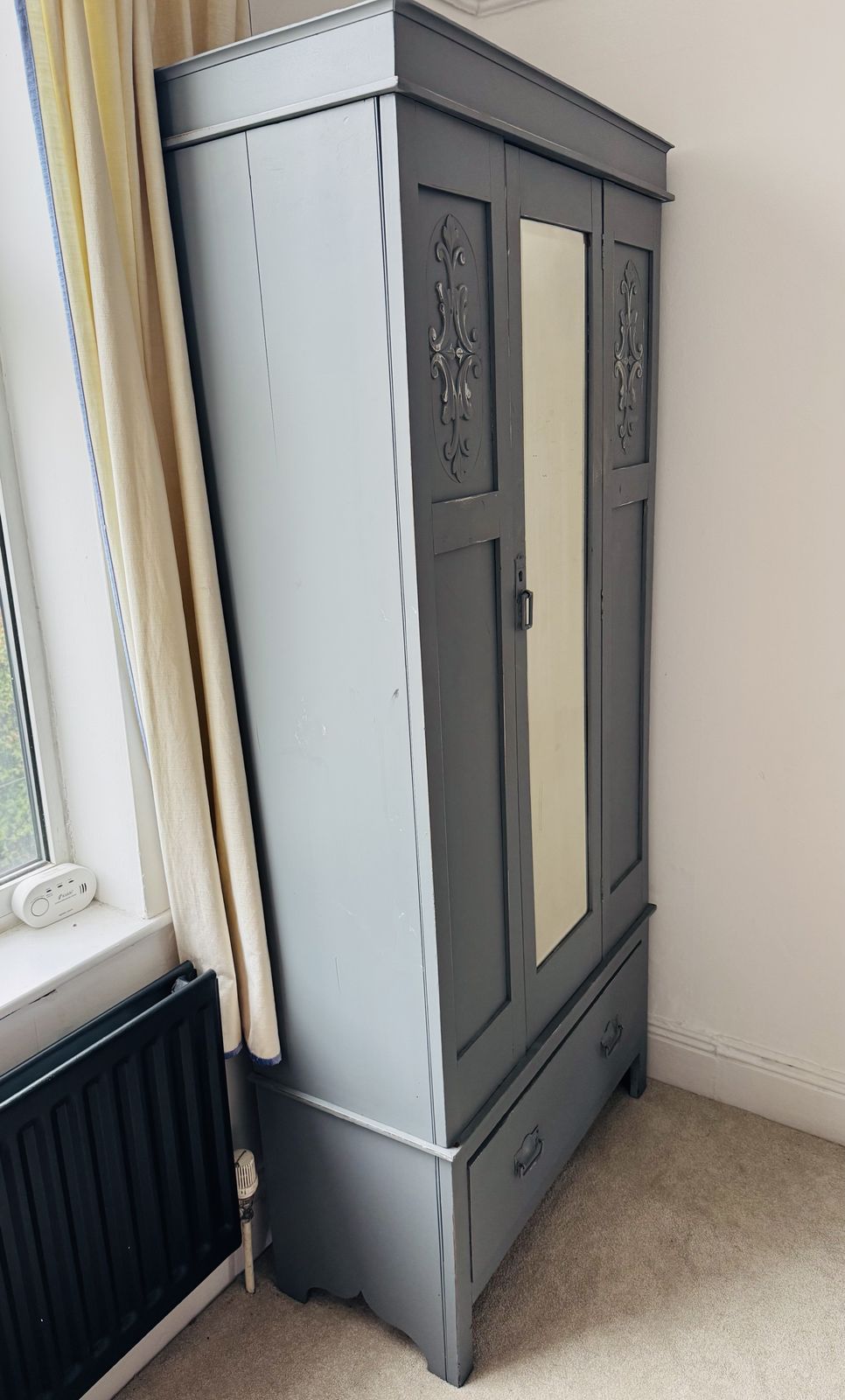 Slimline Antique Grey Blue Mirrored Wardrobe With Ornate Panels & Drawer photo vinterior