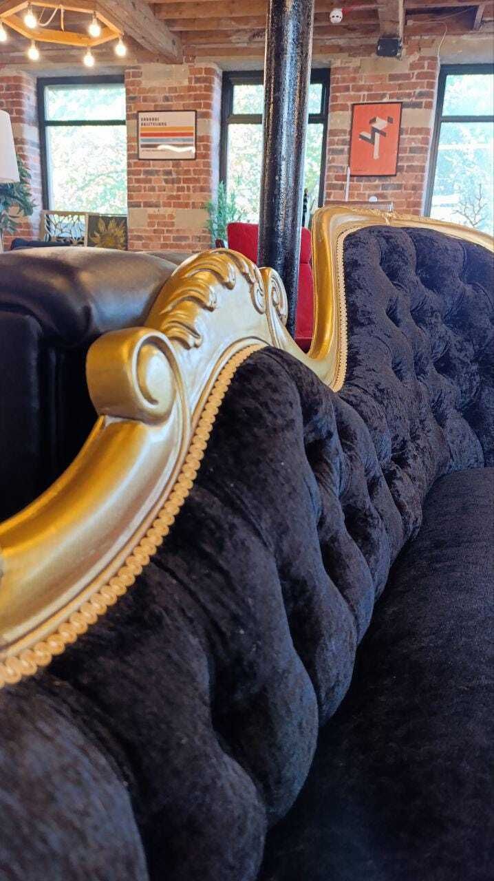 French Rococo Revival Giltwood Chaise Longue With Velvet Chenille Upholstery photo vintage