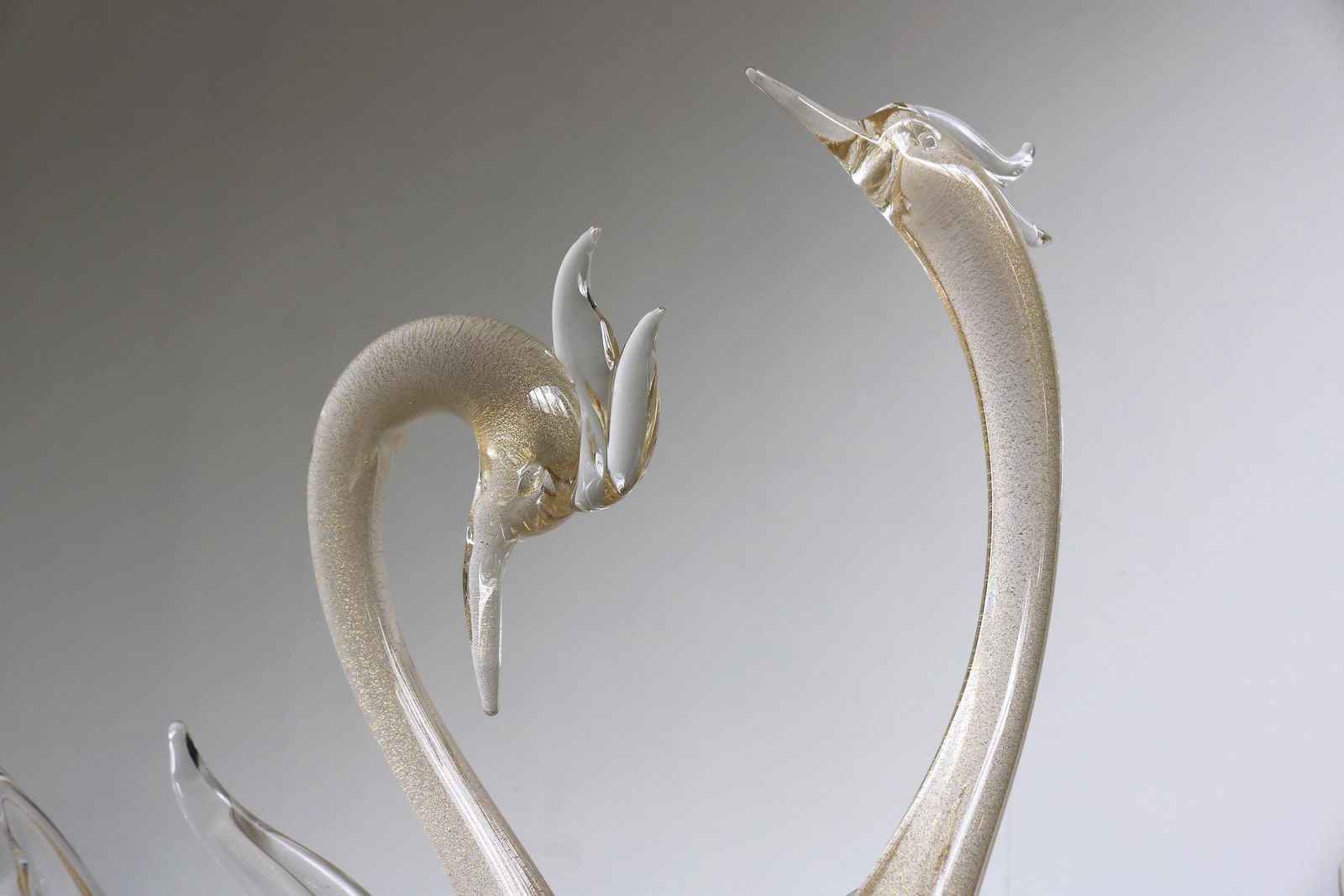 Signed Murano Crystal Glass Swan Sculptures With Gold Leaf By Gambaro E Poggi Vintage Mid Century Italian Art Glass photo for sale